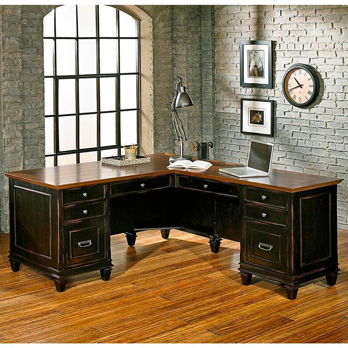 Wycliff Bay Hartford LDesk in Black and Oak Nebraska Furniture Mart