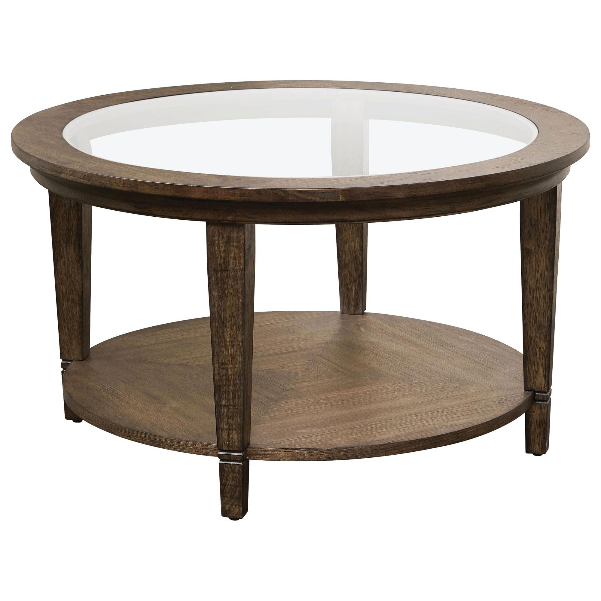 Bassett Lewiston Glass Top Round Cocktail Table in Dark Tavern NFM