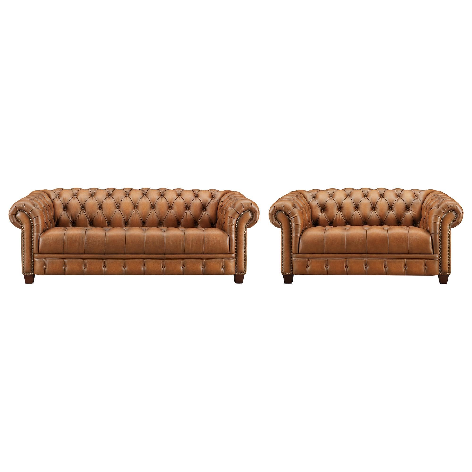 Hydeline York Stationary Sofa and Loveseat Set in Cienna Saddle