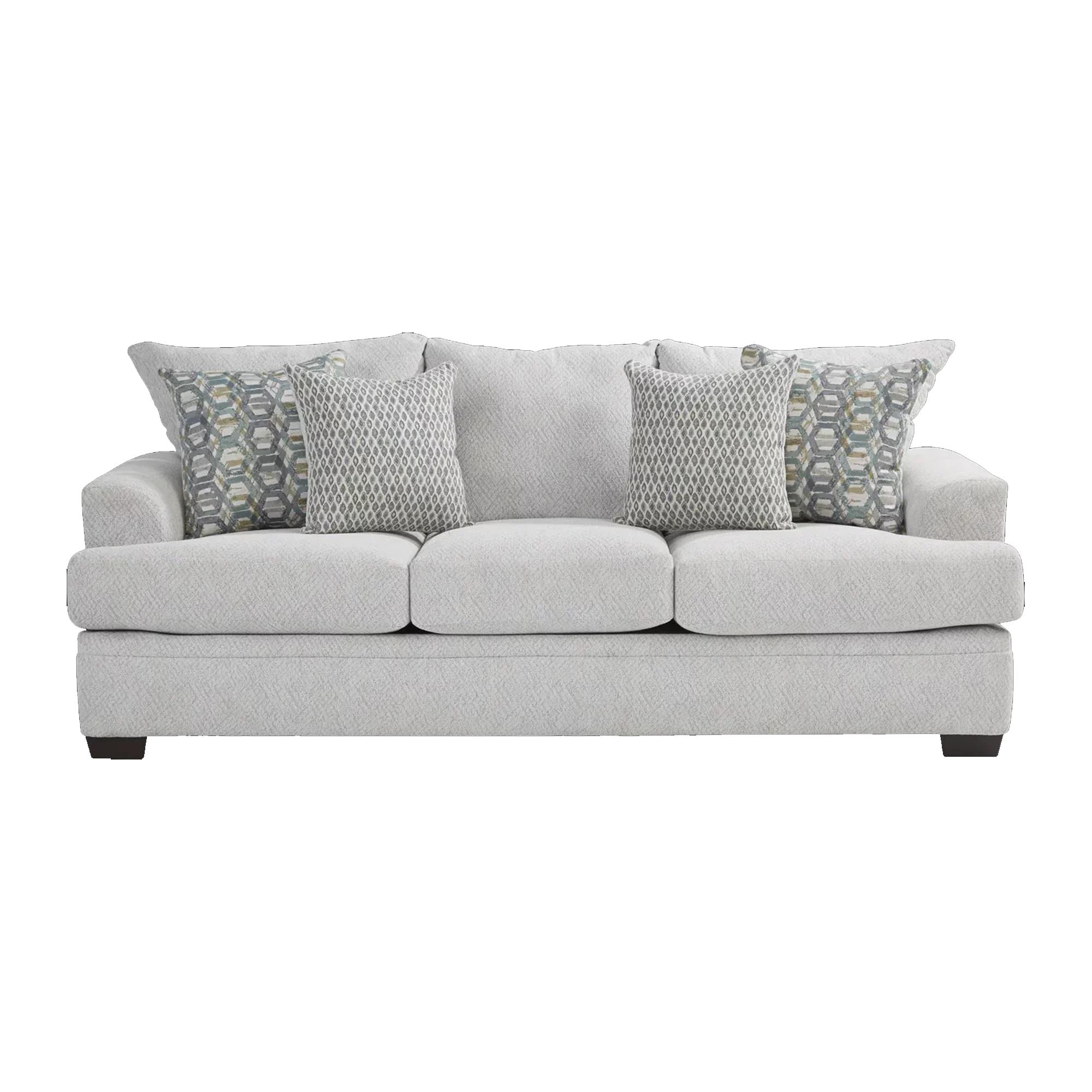 Southaven Sofa in Cloud White with Toss Pillows in Homeward Chambray and Joyride Mist Nebraska