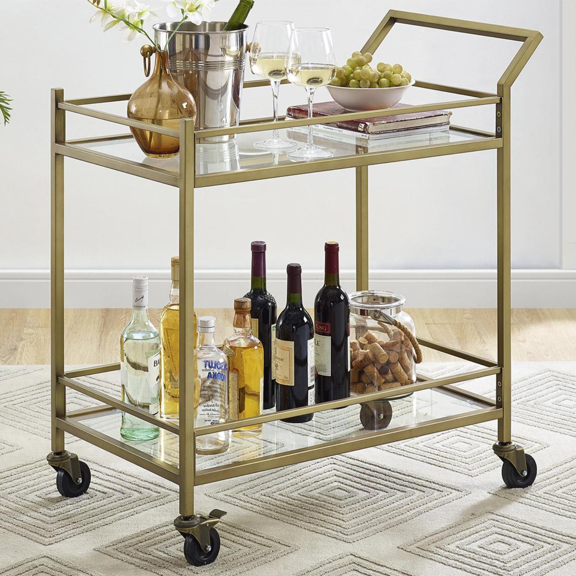 Crosley Furniture Aimee Rolling Bar Cart Gold and Glass Crosley Furniture Aimee Rolling Bar Cart Gold and Glass