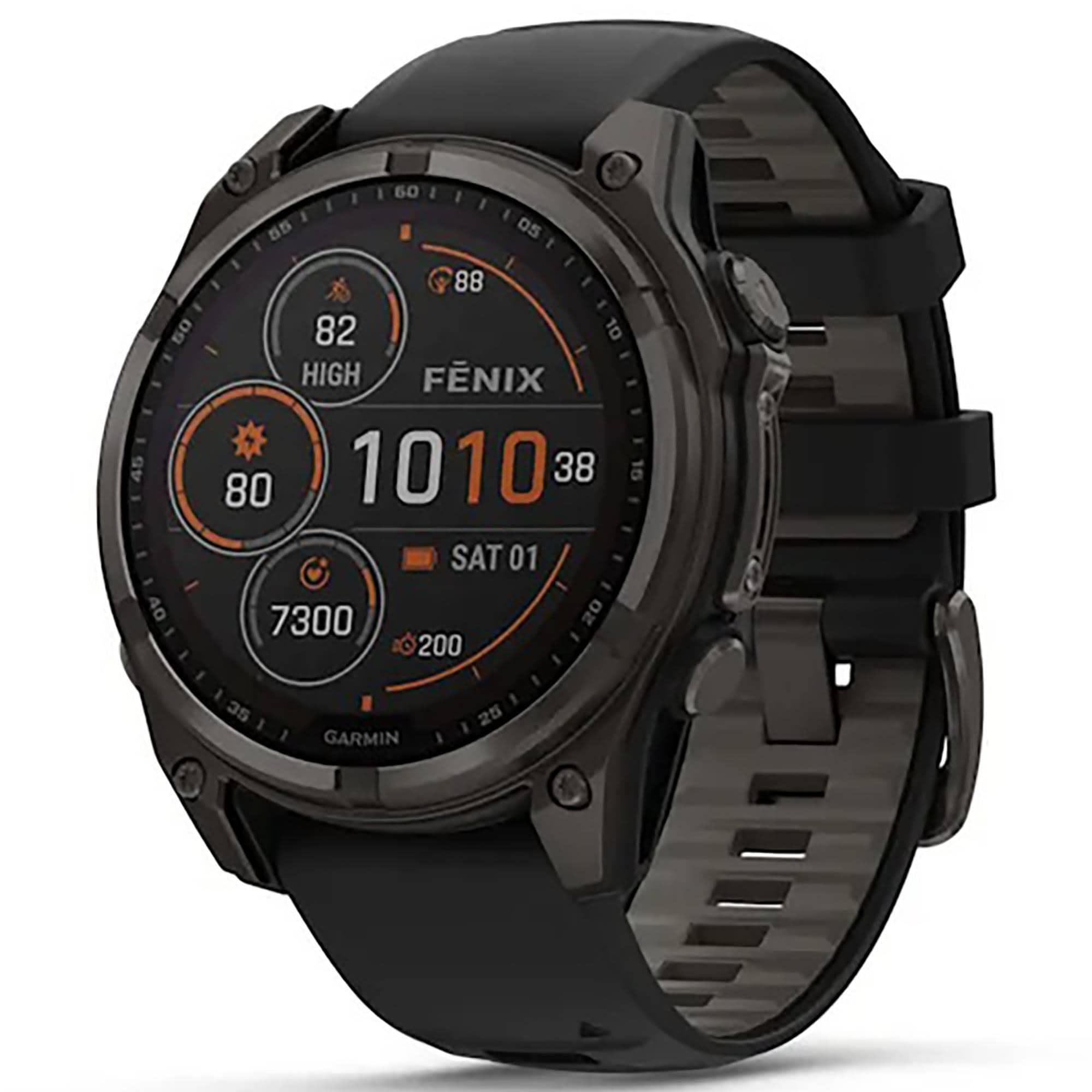 Garmin Fenix 8 Sapphire AMOLED Smartwatch 43mm Carbon Gray DLC Titanium Case with Black and Pebble Gray Silicone Band | NFM Garmin Fenix 8 Sapphire AMOLED Smartwatch 43mm Carbon Gray DLC Titanium Case with Black and Pebble Gray Silicone Band | NFM