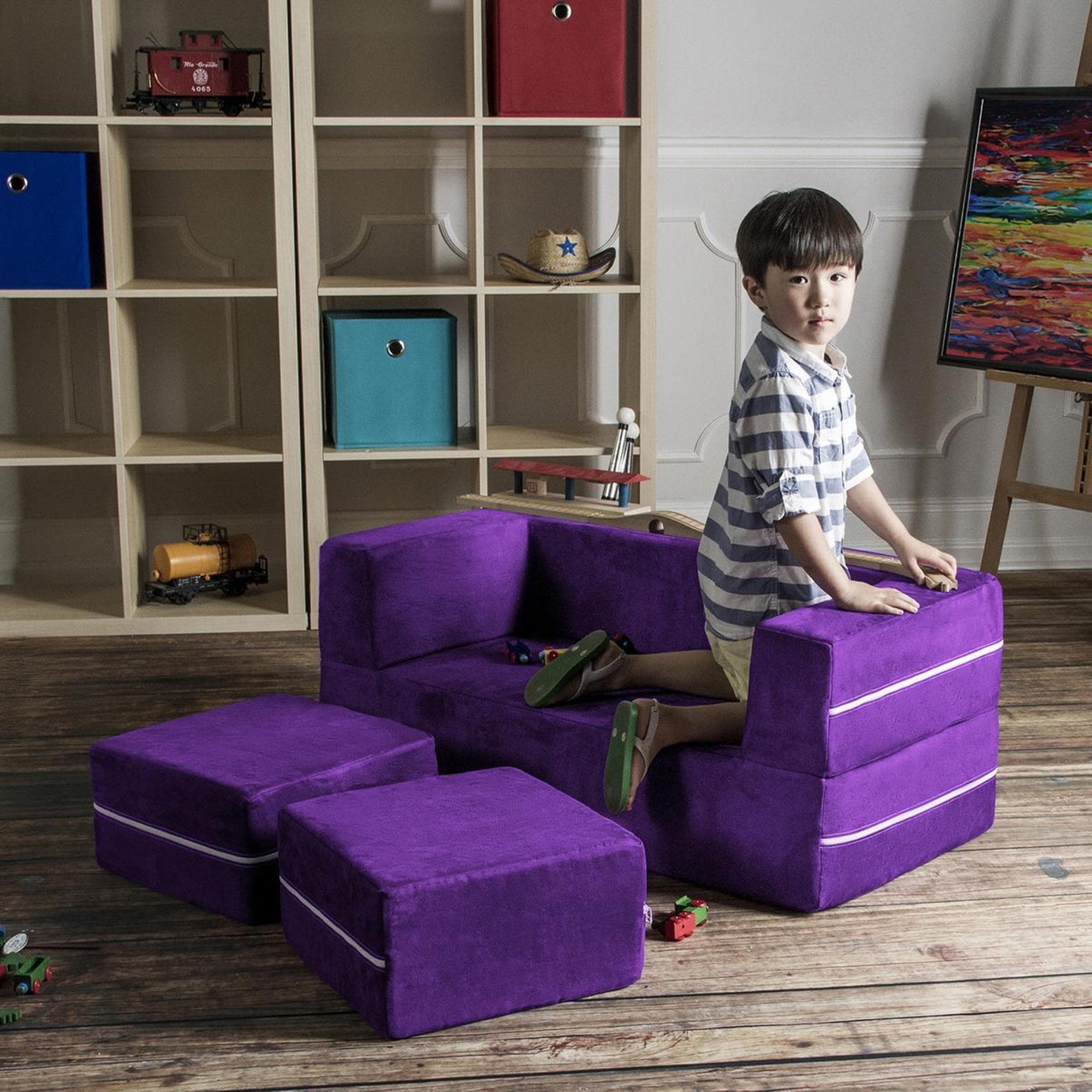 Jaxx Zipline Modular Kids Loveseat & Ottomans in Blueberry