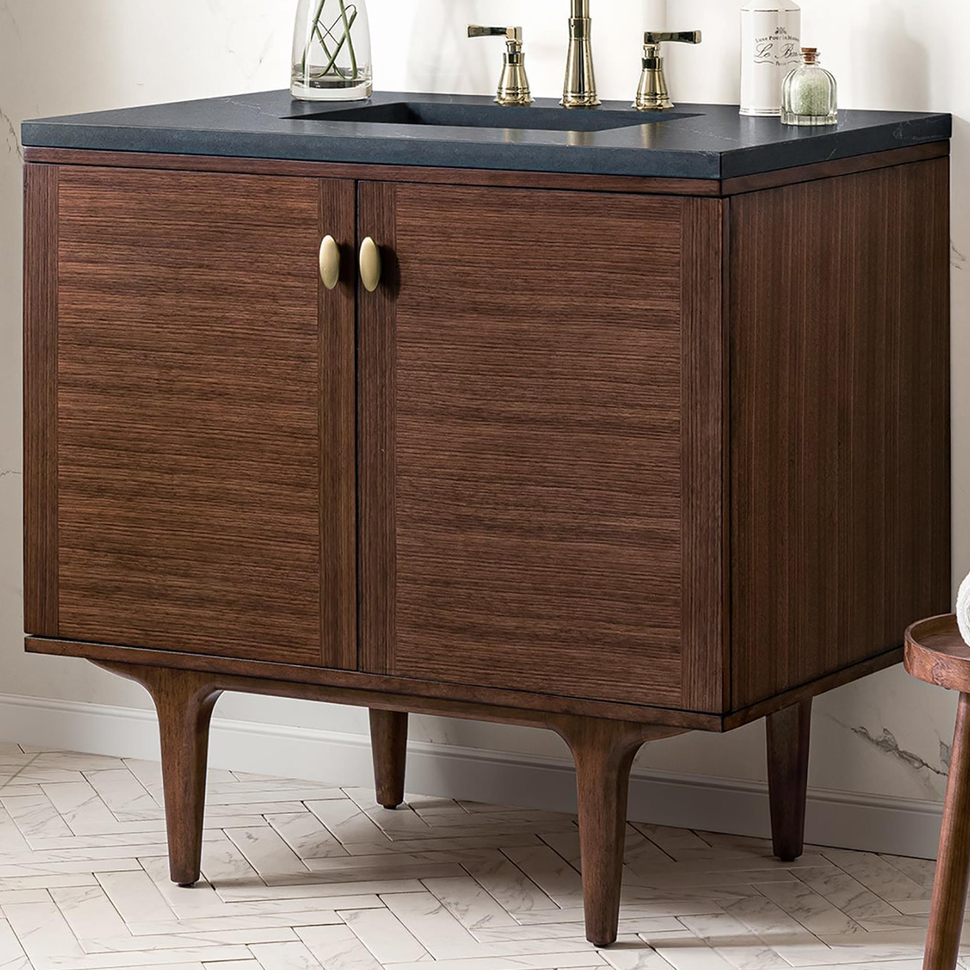 James Martin Amberly 36" Single Bathroom Vanity in Walnut with 3 cm  Charcoal Soapstone Quartz Top and Rectangular Sink | NFM