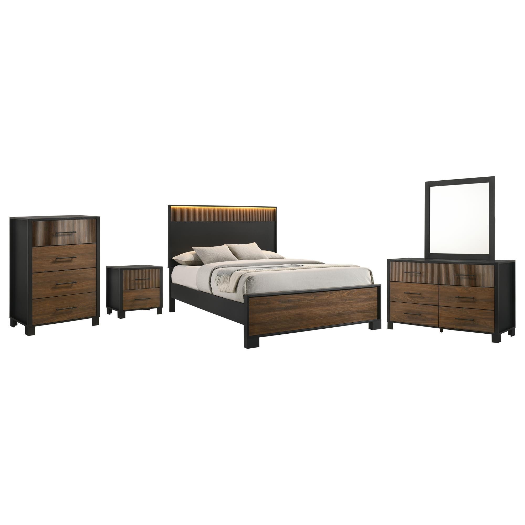 Crown Mark Nemy 5 Piece Queen LED Panel Bedroom Set in Brown