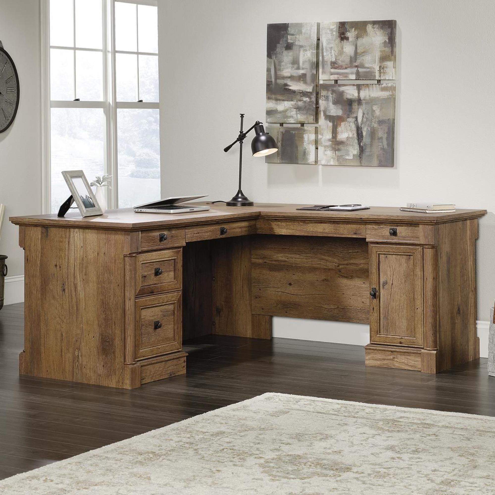 パソコンデスク Antique Feeling Natural Wood Desk 90cm Sauder Palladia L-Shaped Desk in Vintage Oak | Nebraska Furniture Mart