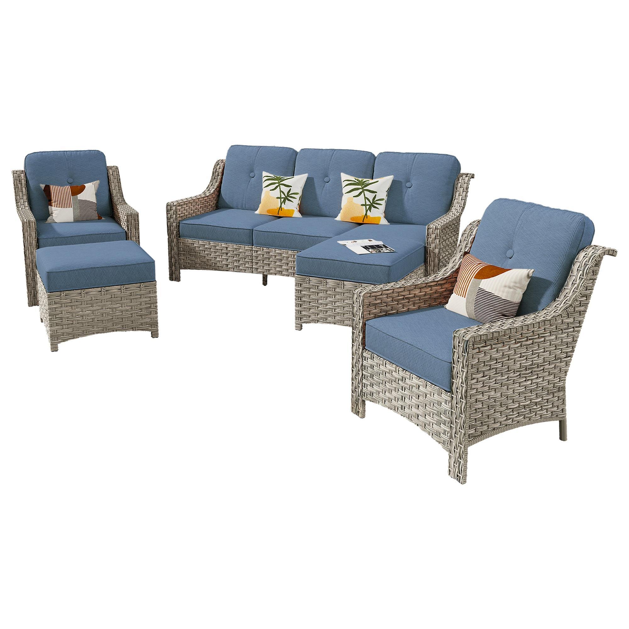 HOMLUX 5-Piece Patio Conversation Set with Two Ottomans in Denim Blue