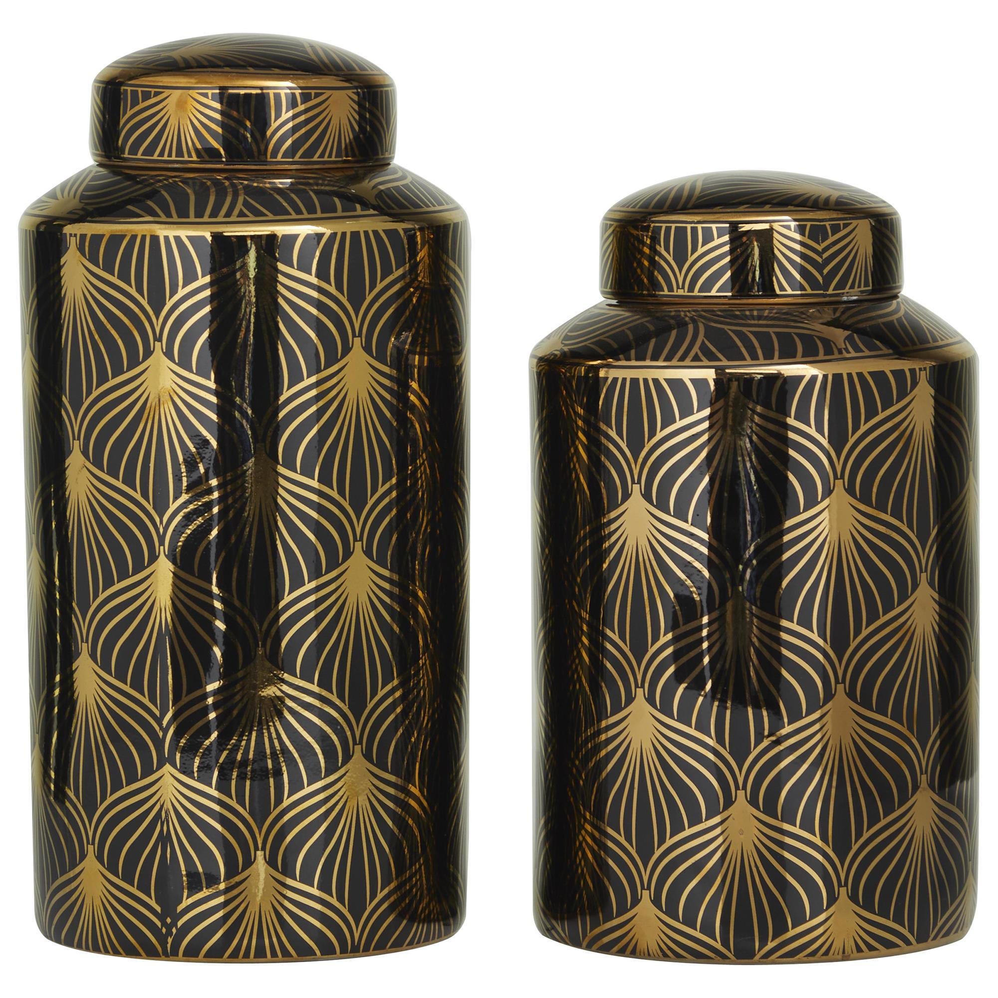 Maple and Jade 2-Piece Jar Set with Floral Accents in Glossy Black and Gold