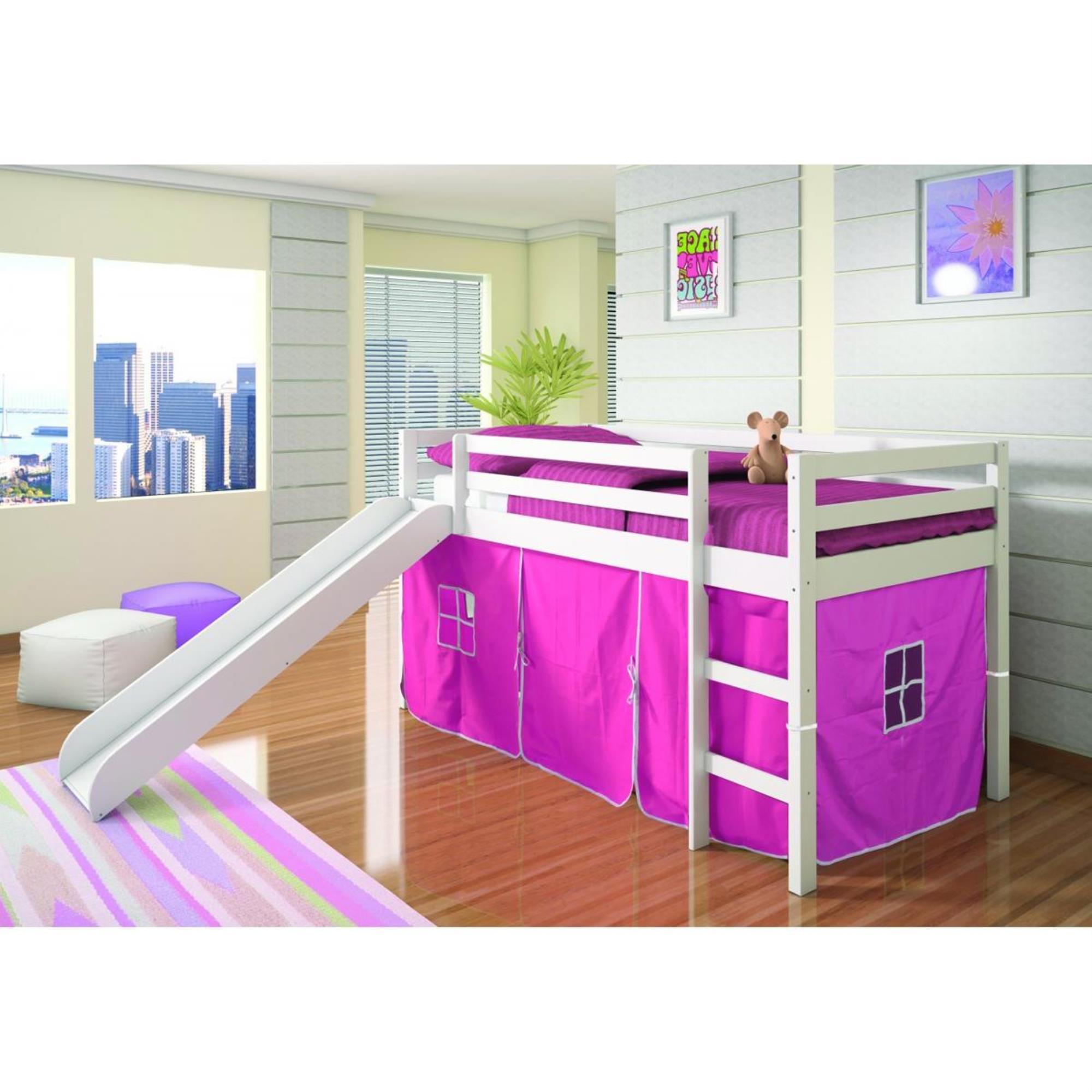 Forest Grove Twin Loft Bed with Slide and Pink Tent in White NFM