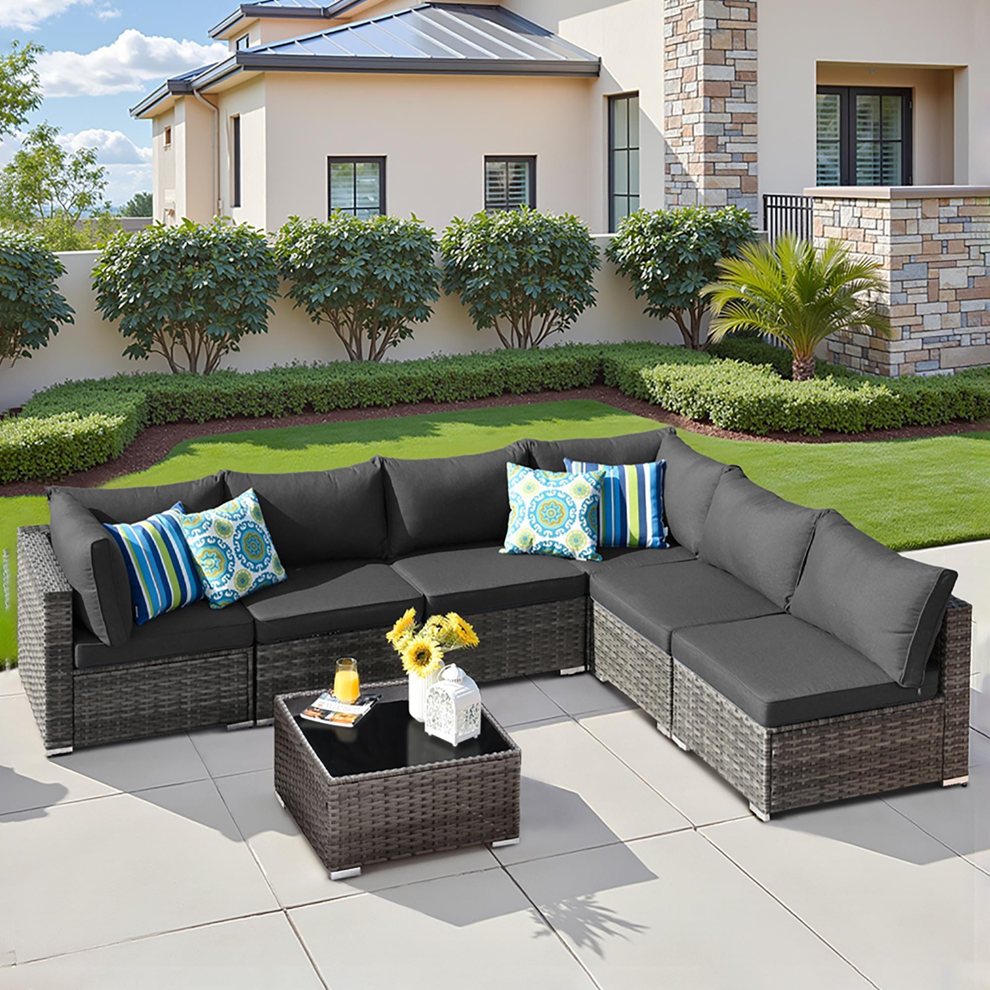 HOMLUX 7-Piece Patio Conversation Set with Grey Wicker in Black