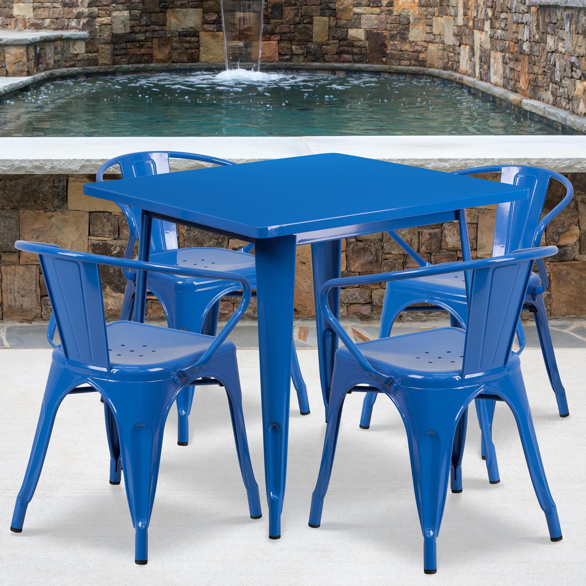 Flash Furniture 5Piece Square Bistro Table Set with Arm Chairs in Blue