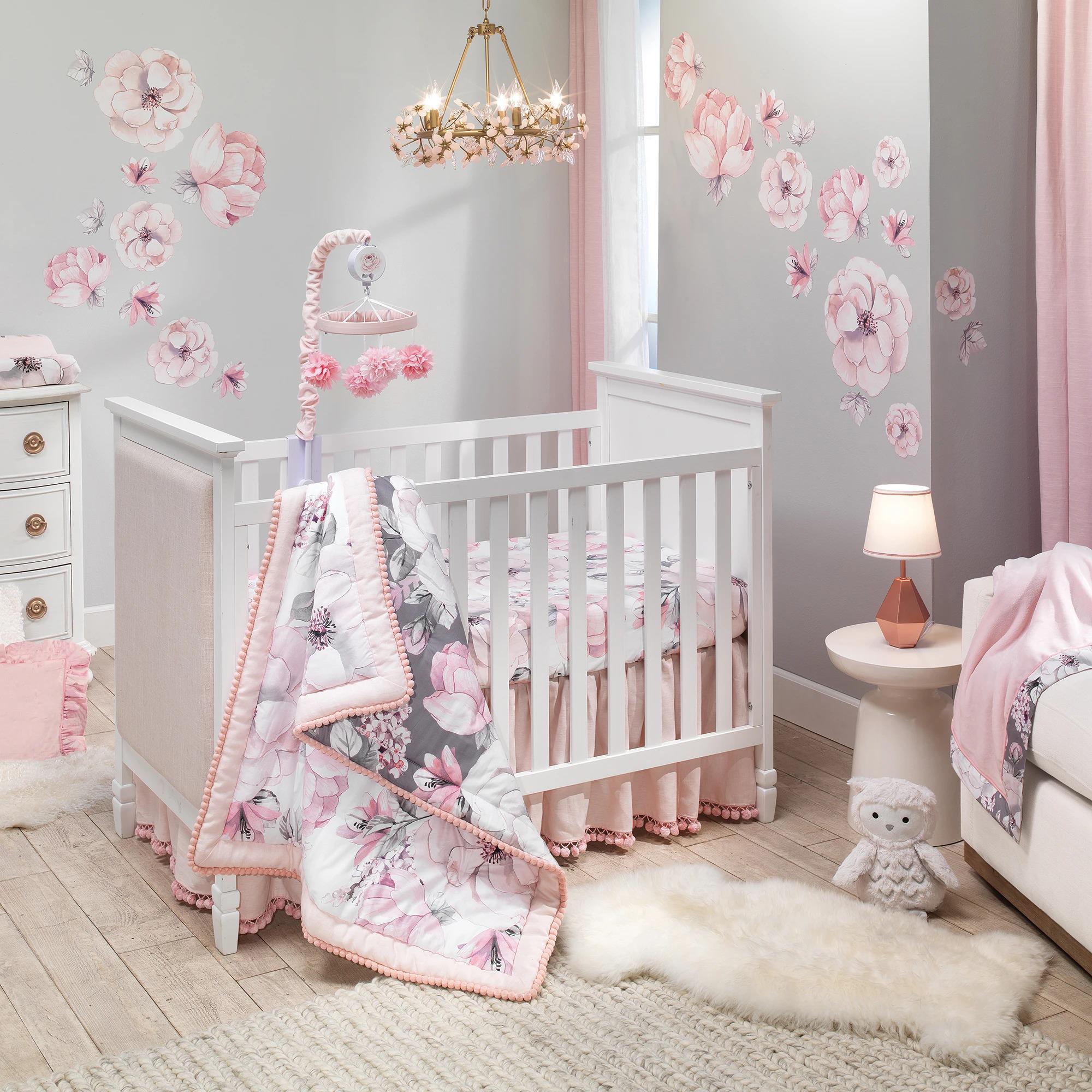 Lambs and Ivy Watercolor Floral 4 Piece Crib Bedding Set in Pink and Grey Nebraska Furniture Mart