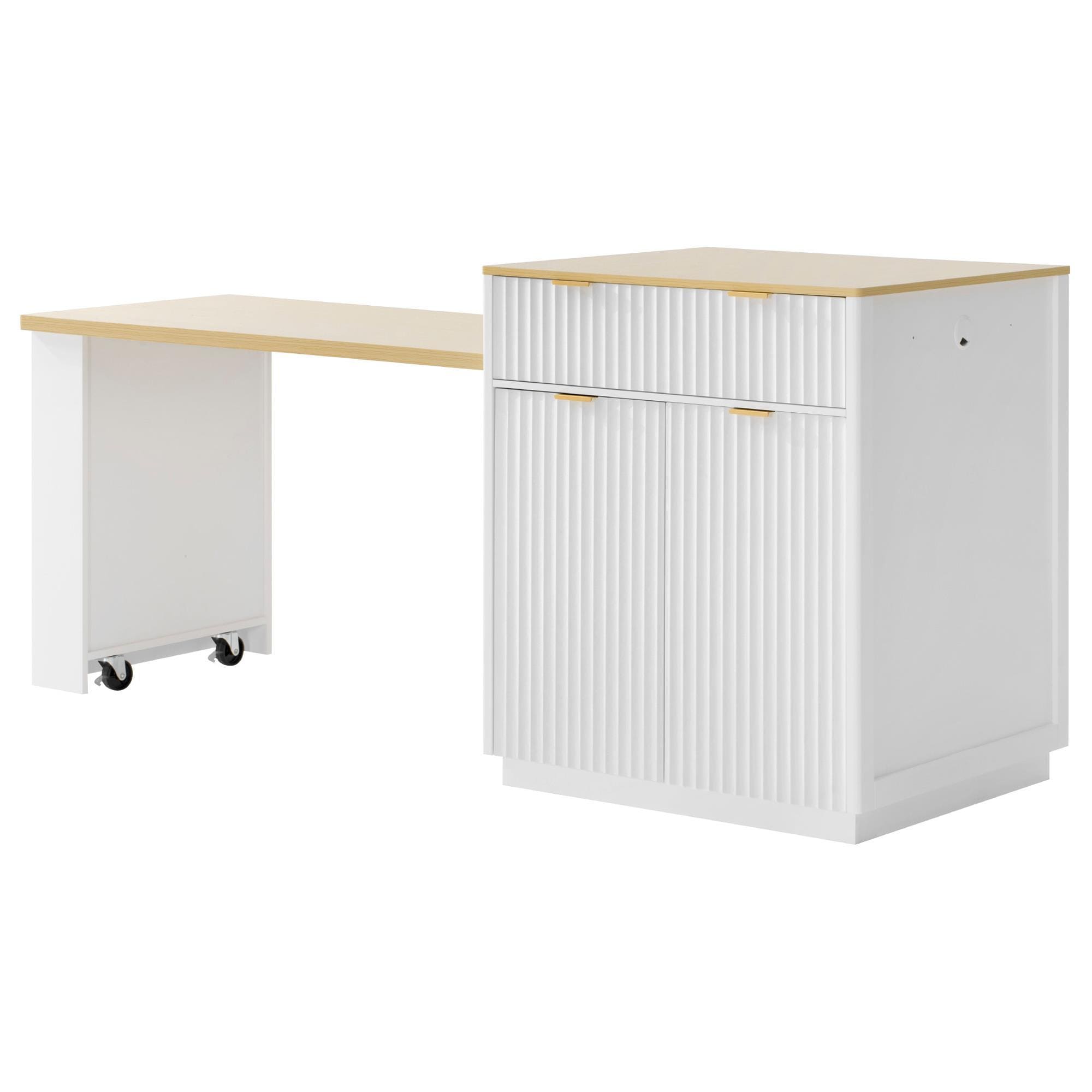 HOMLUX 83" Fluted Kitchen Island with Extendable Dining Table in White