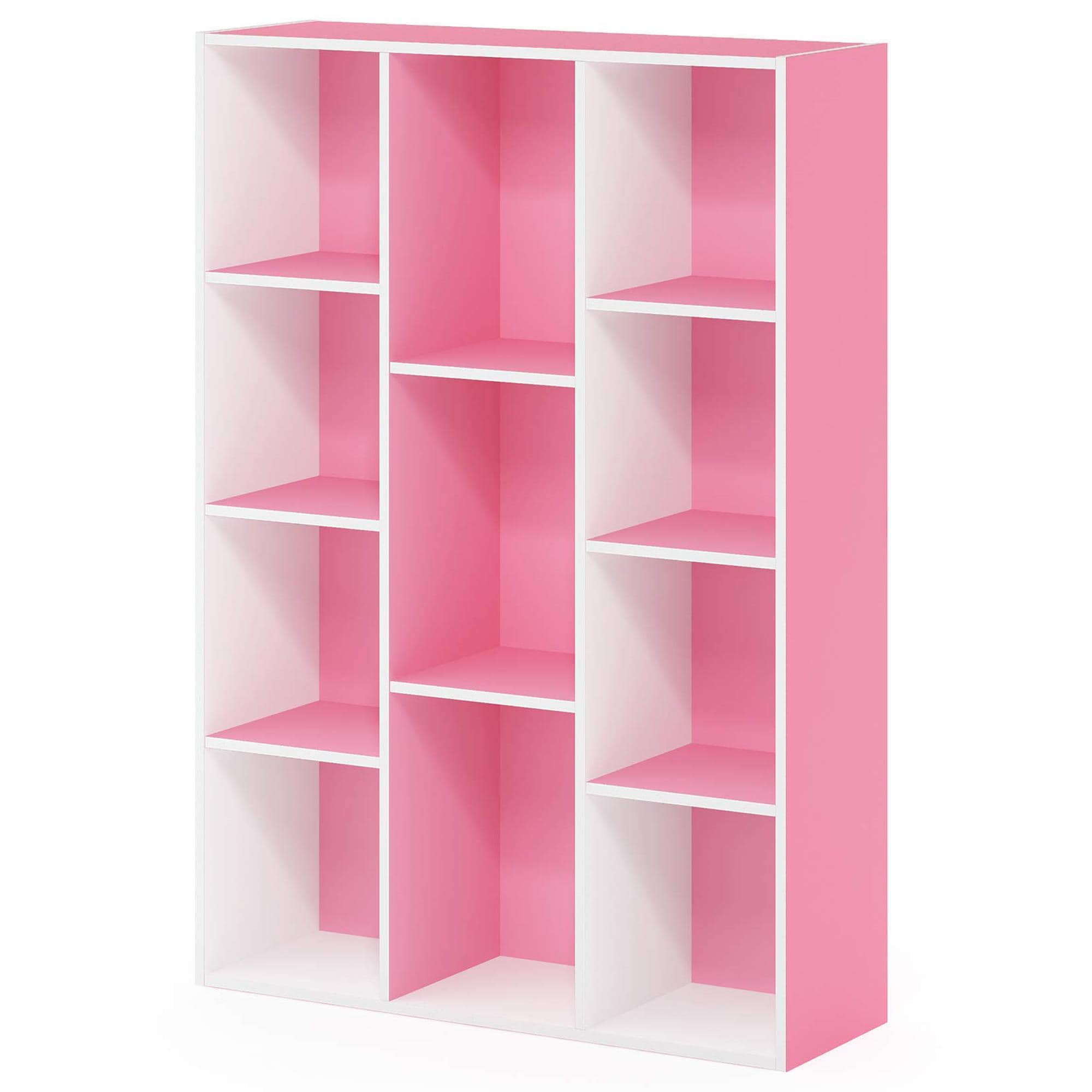 HOMLUX 11-Cube Reversible Open Shelf Bookshelf in White and Pink