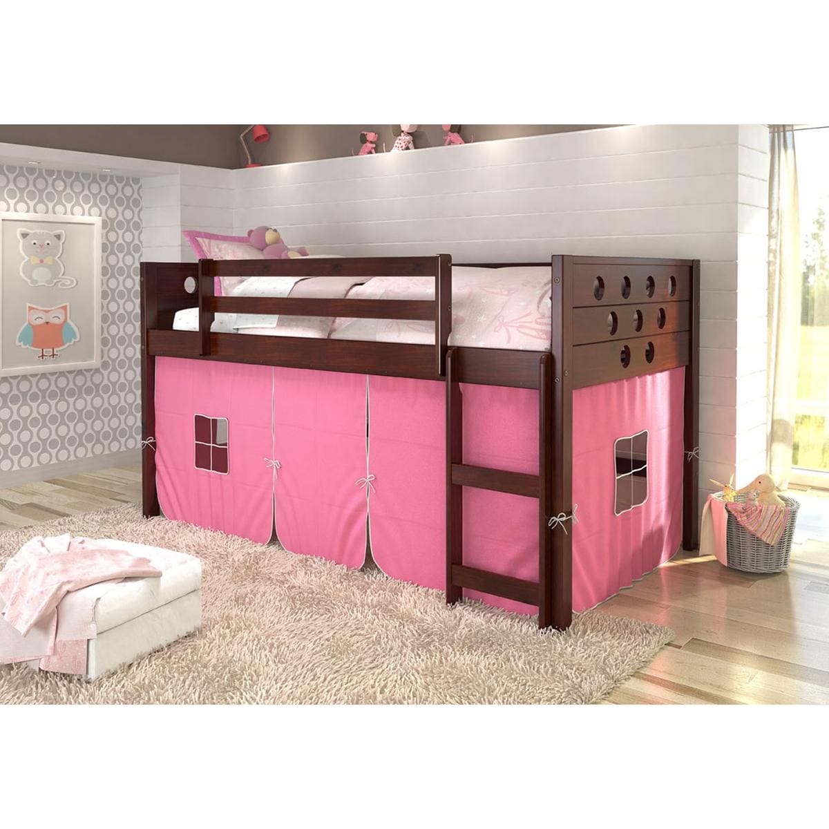 Forest Grove Circles Twin Loft Bed with Pink Tent in Dark Cappucino