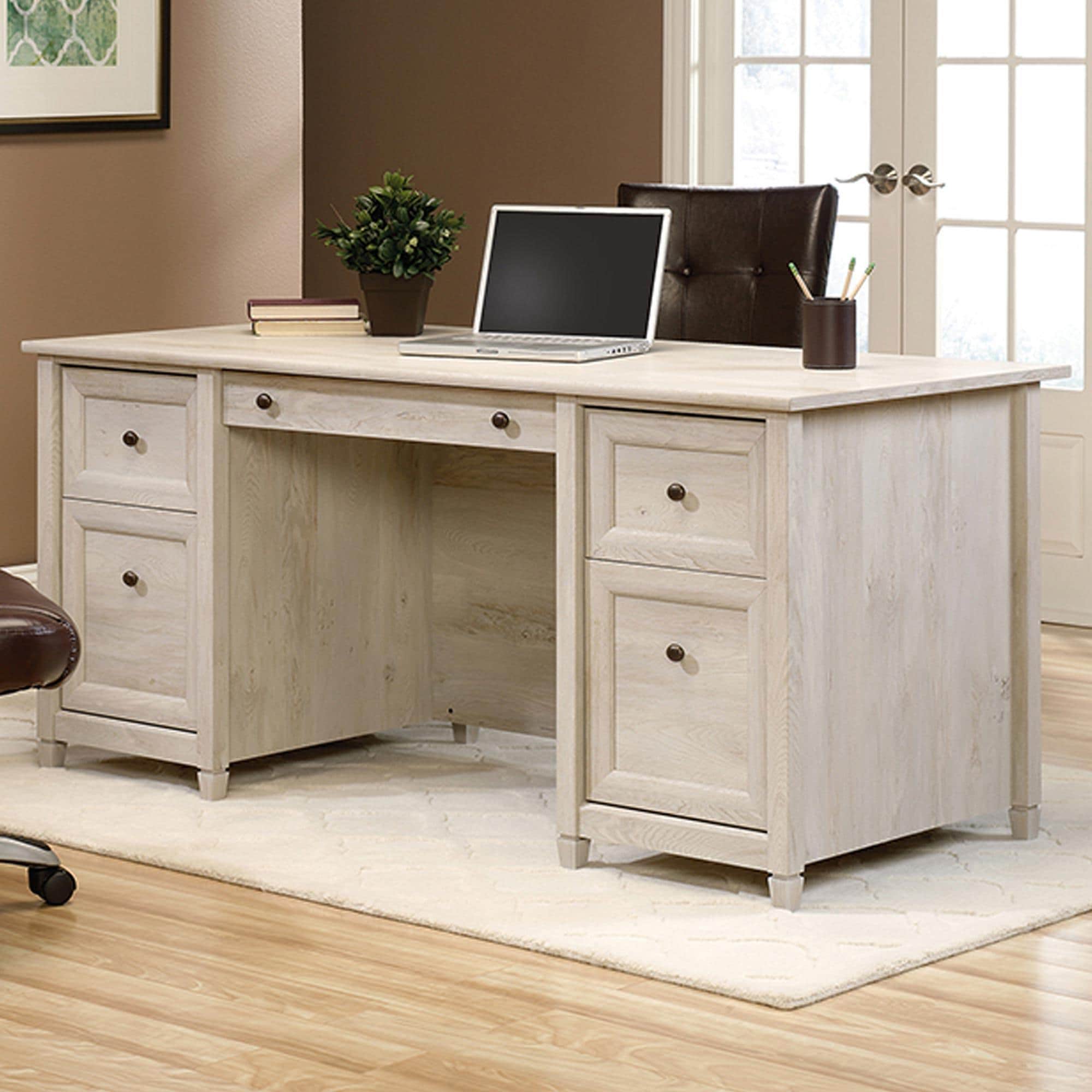 Sauder Edge Water Double-Pedestal Executive Desk in Chalked Chestnut