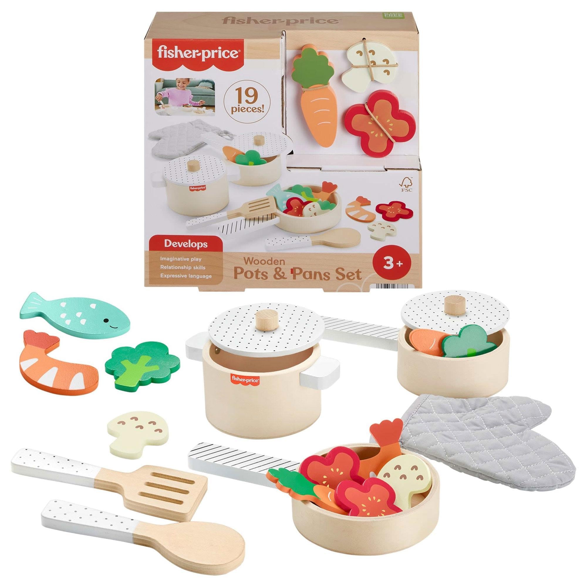 Fisher Price Wooden Kitchen Pretend with Play Pots and Pans Set in