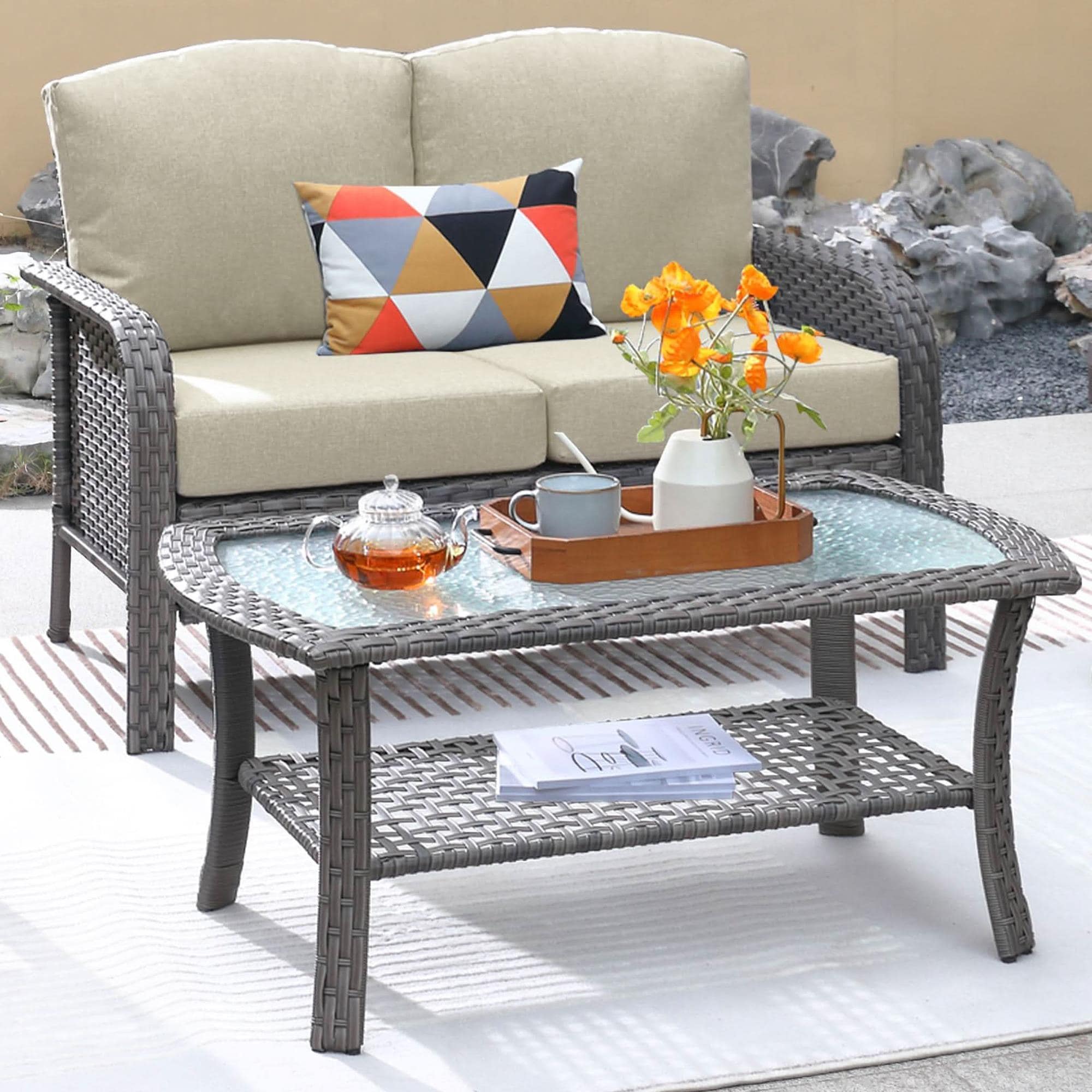 HOMLUX 2-Piece Patio Loveseat and Coffee Table Set in Beige