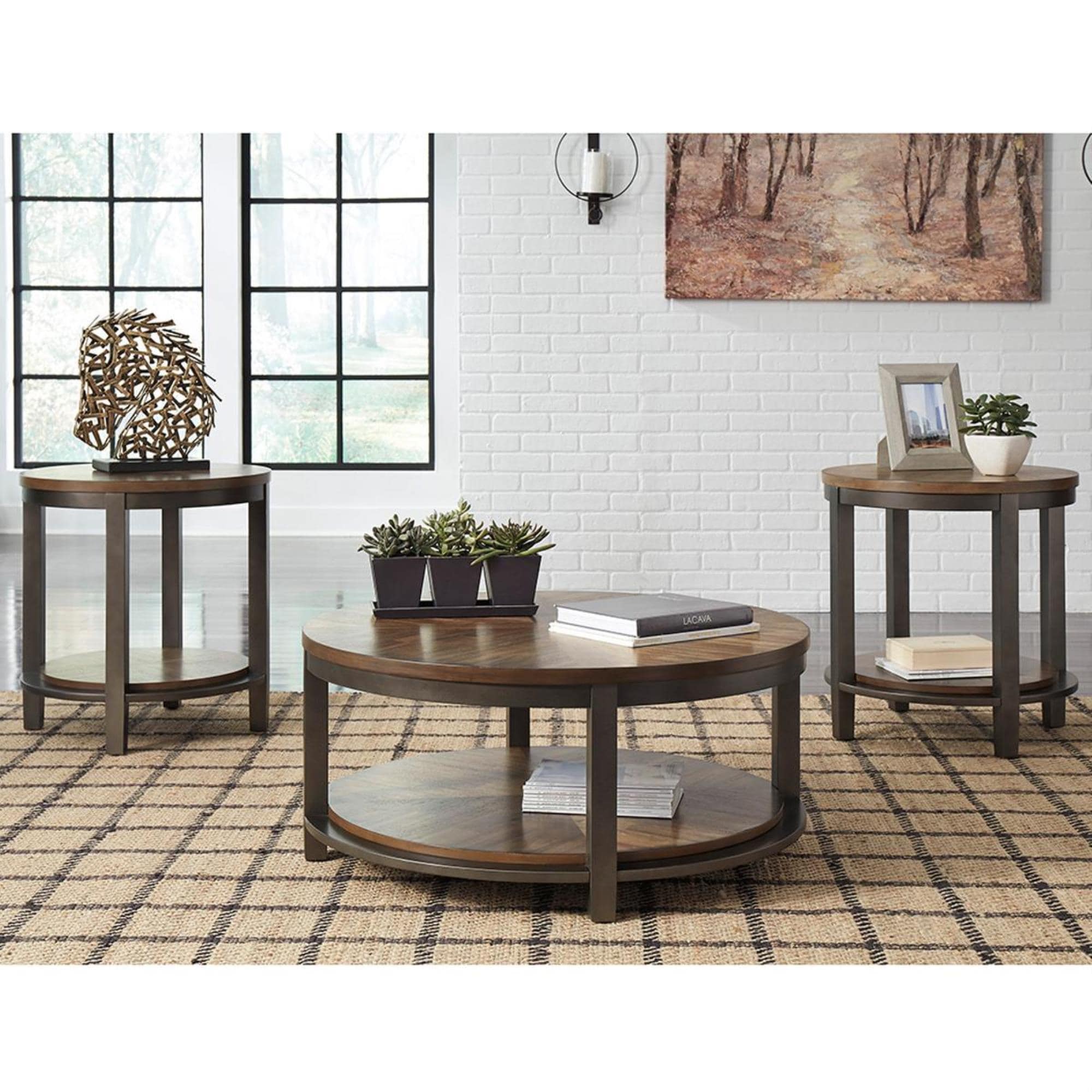 Ashley Roybeck 3-Piece Occasional Table Set in Light Brown and Bronze