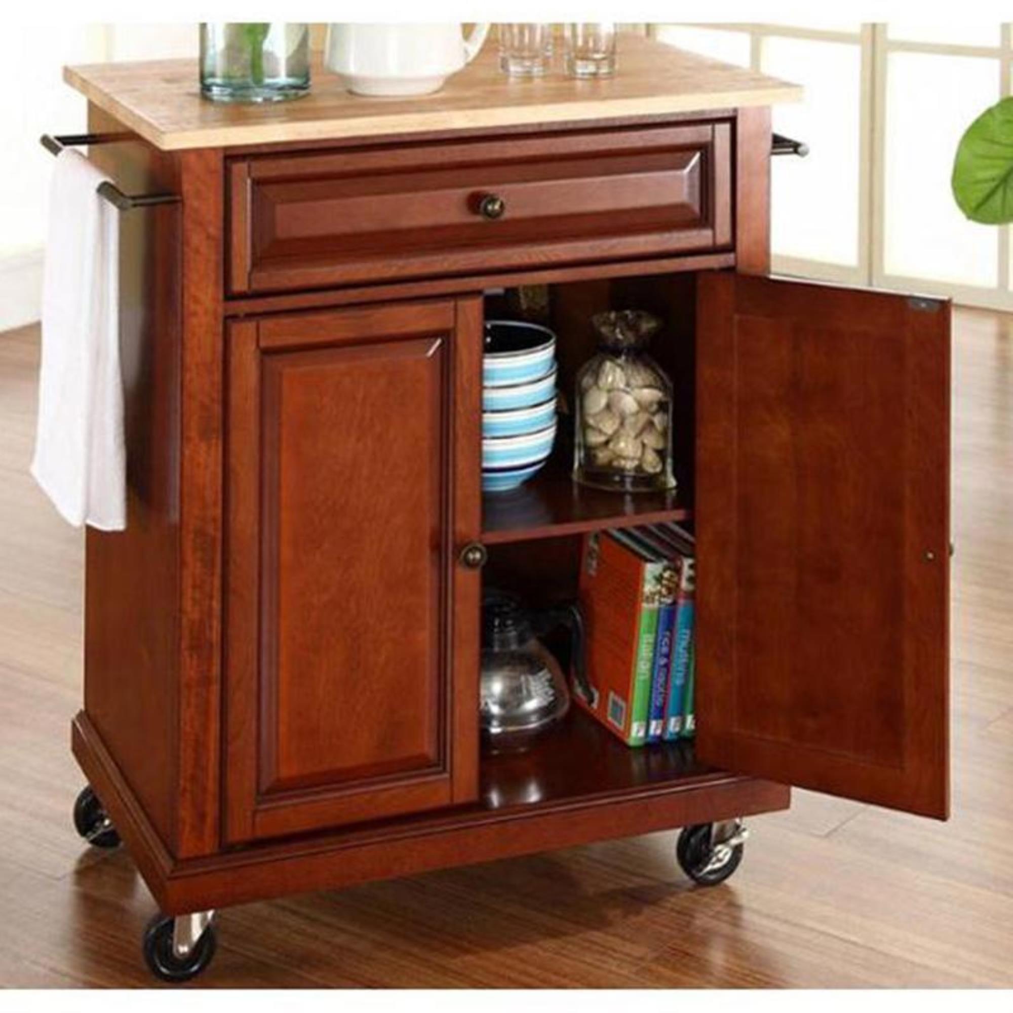 Crosley Furniture Natural Wood Top Portable Kitchen Cart In Cherry Nebraska Furniture Mart