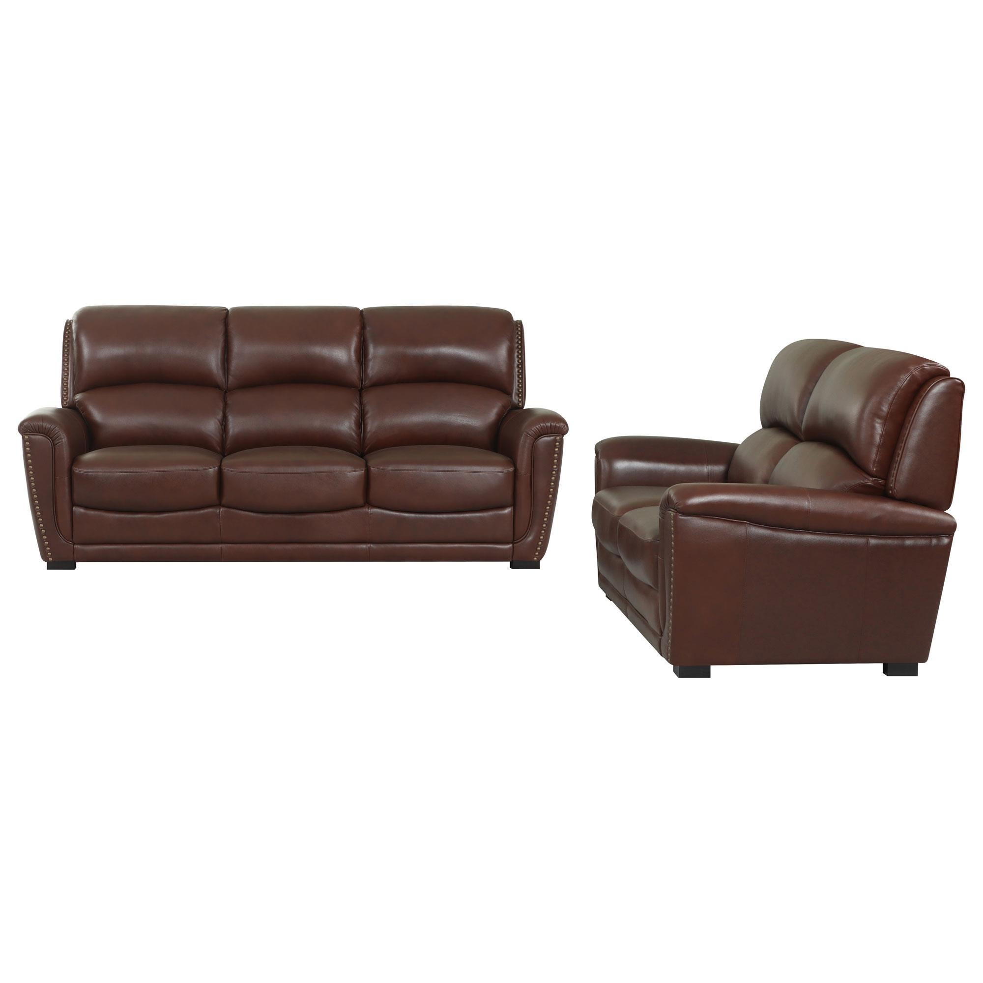 Chateau d'Ax Stationary Leather Sofa and Loveseat Set in Red Brown