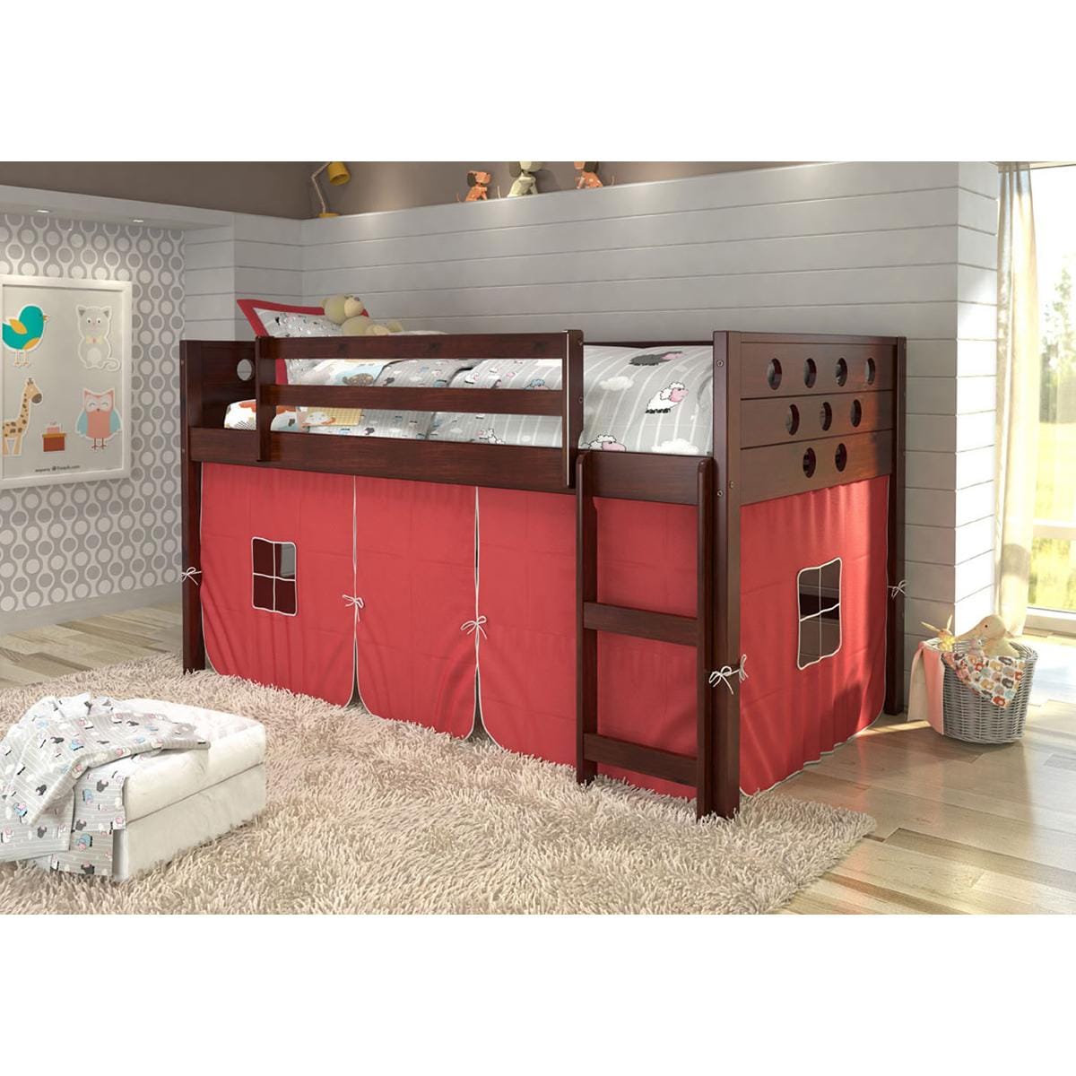 Cambria Designs Circles Twin Loft Bed with Red Tent in Dark