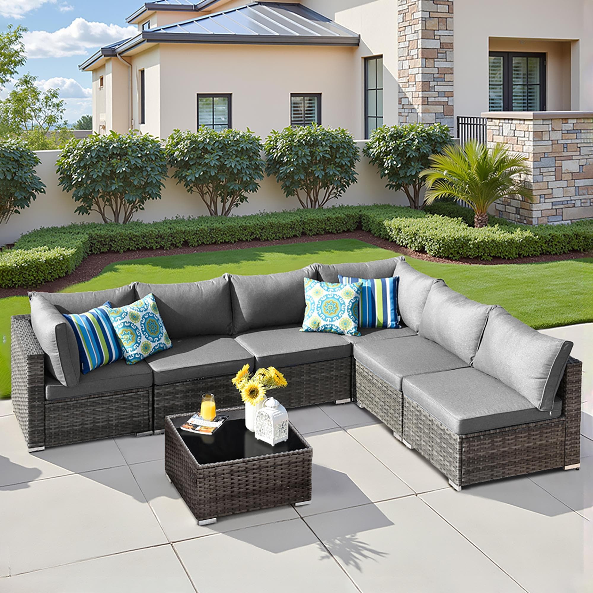HOMLUX 7-Piece Patio Conversation Set with Grey Wicker in Black