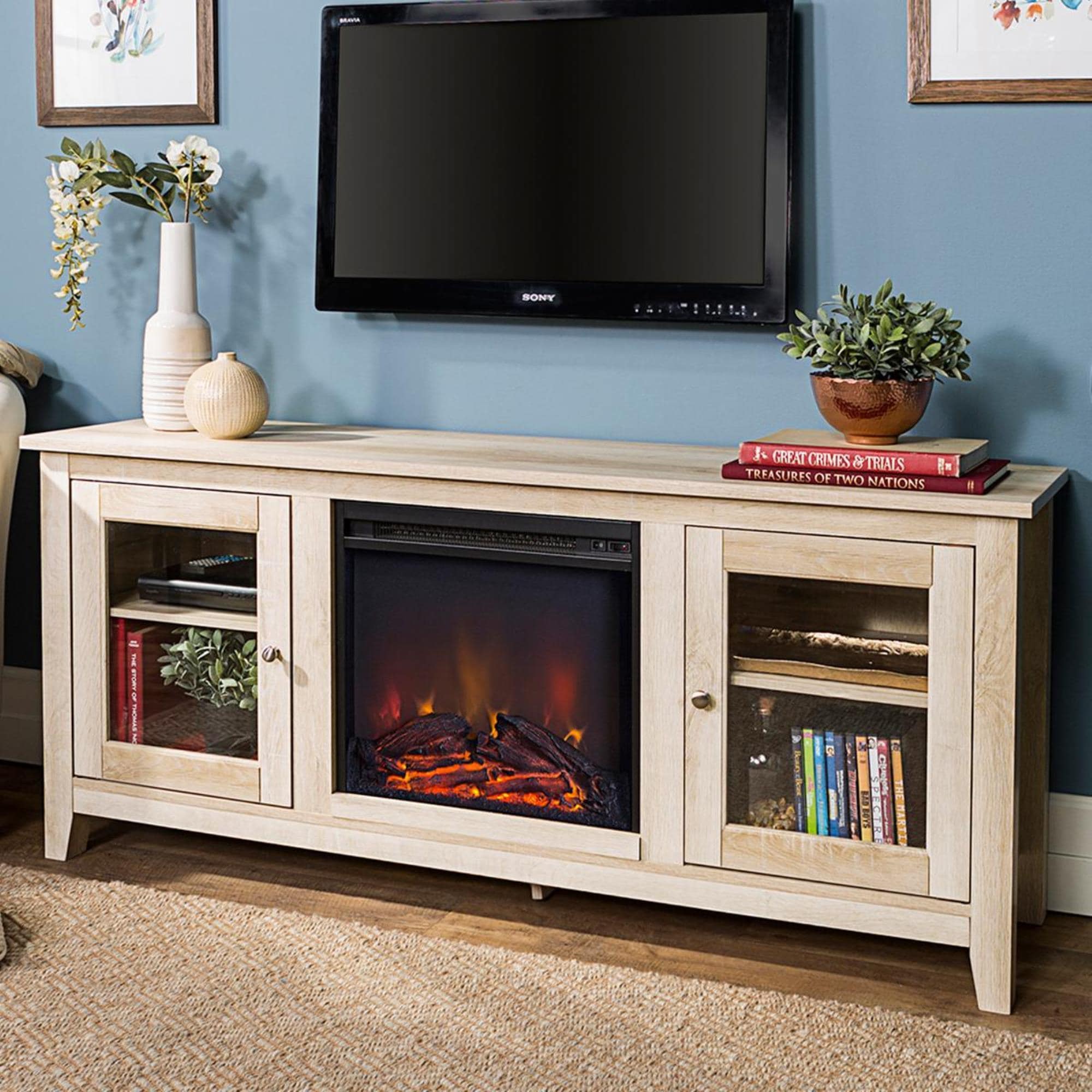 Walker Edison 58 Electric Fireplace TV Stand in White Oak NFM