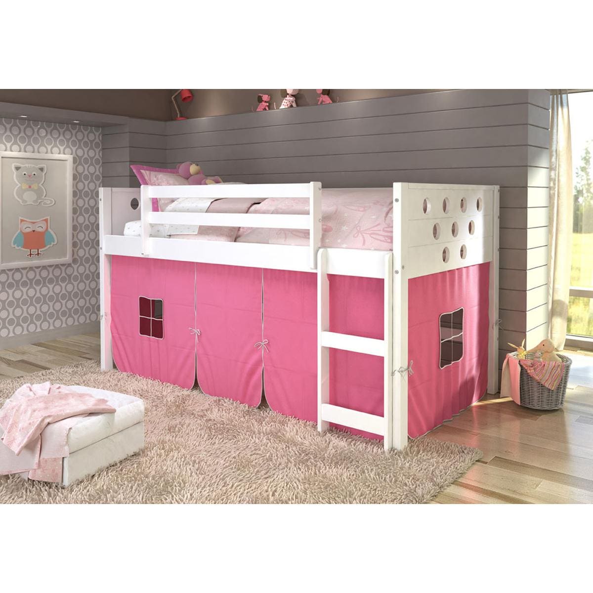 Forest Grove Circles Twin Loft Bed with Pink Tent in White Shop NFM