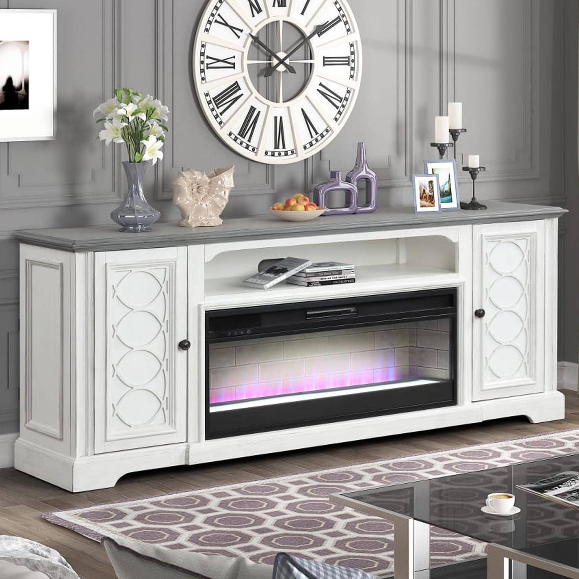 A Plus International Montgomery 82 Fireplace TV Stand in Antique White and  Grey | NFM