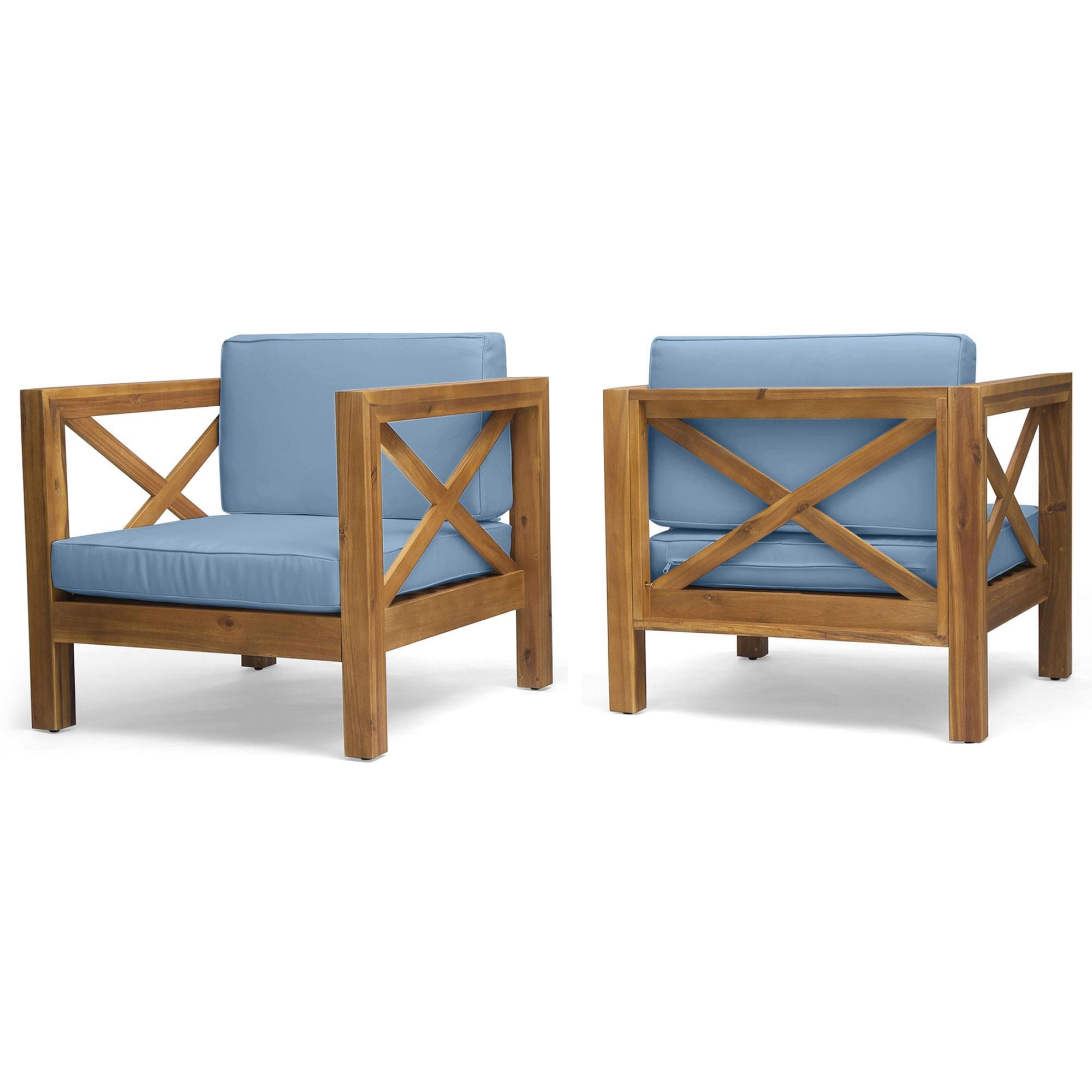 Noble House Brava Patio Club Chair with Blue Cushion in Teak (Set of 2