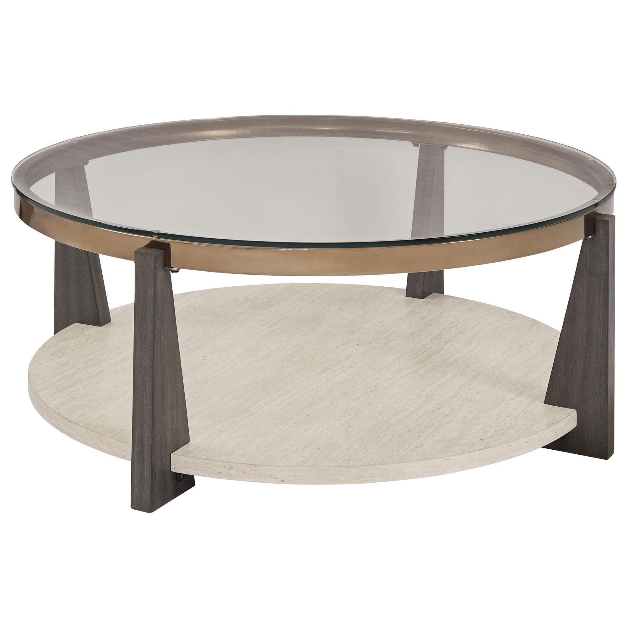 Ashley Frazwa Round Cocktail Table in Grayish Brown, Gold and Clear