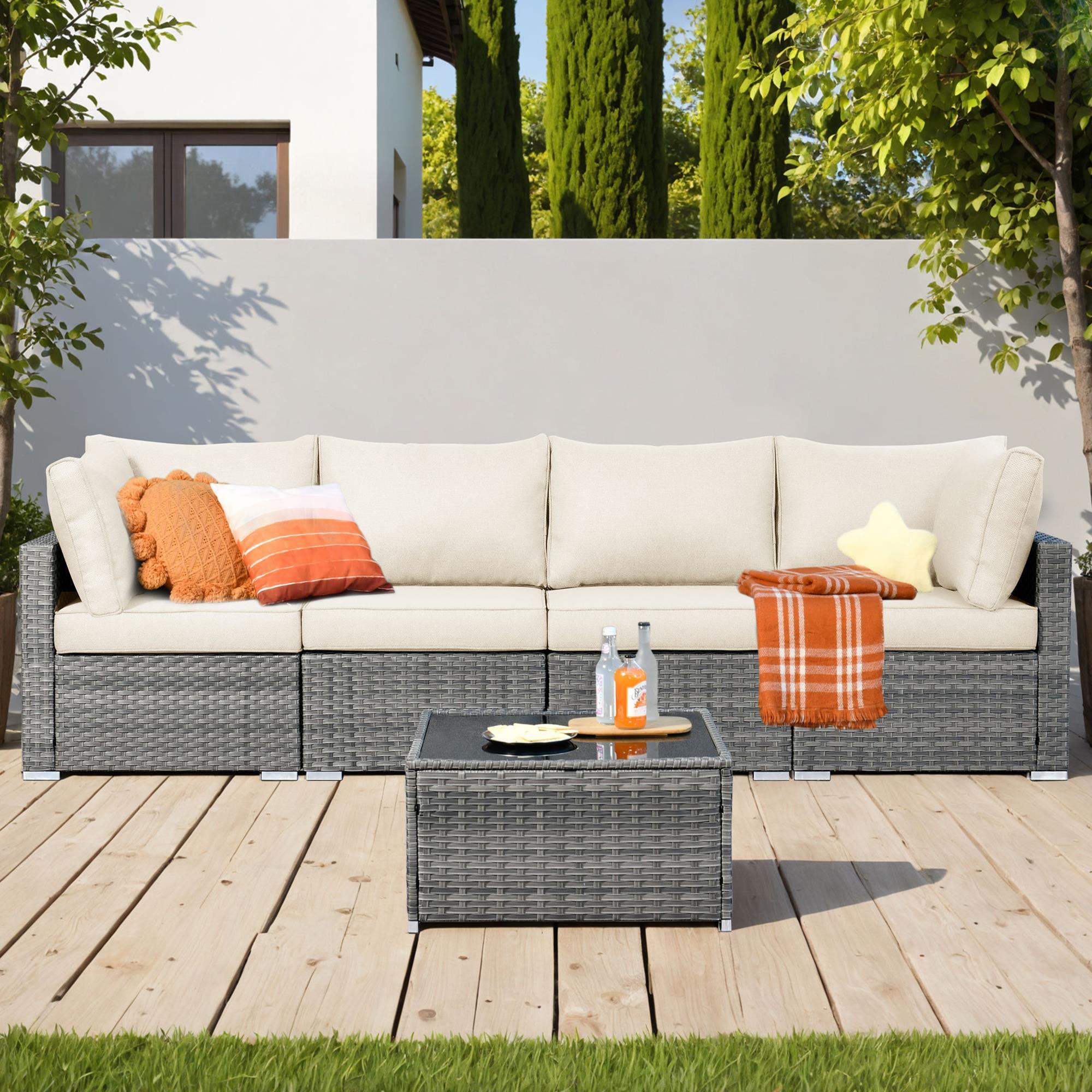 HOMLUX 5-Piece Patio Conversation Set with Grey Wicker in Black