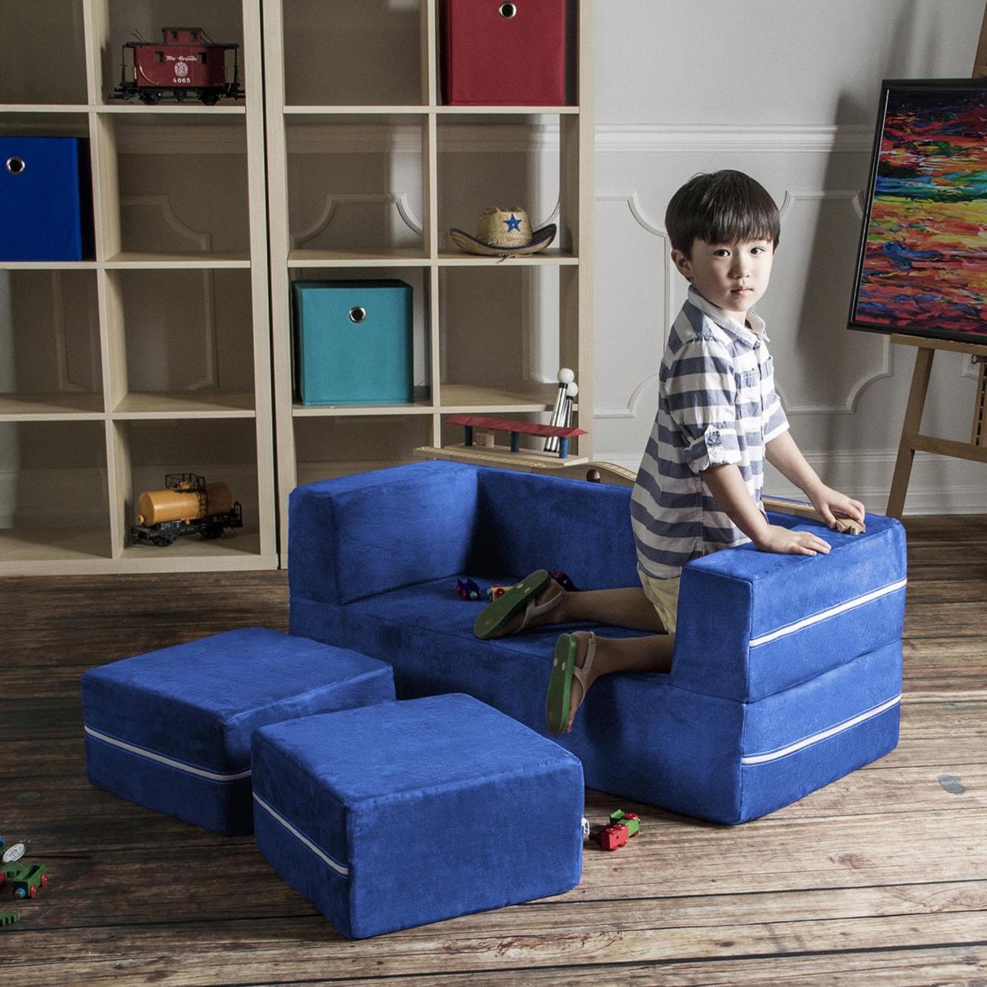 Jaxx Zipline Modular Kids Loveseat & Ottomans in Cherry