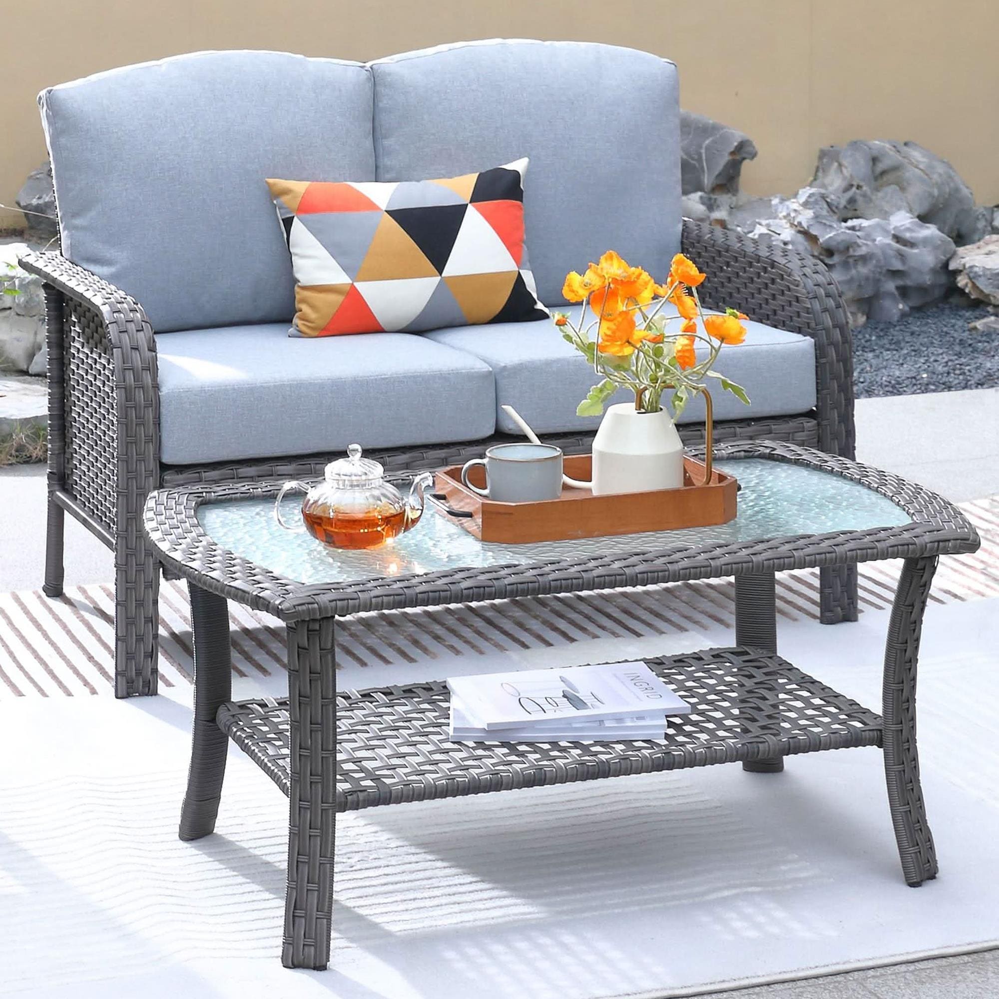 halp0216☆mooi パソッティ　coffee Table HOMLUX 2-Piece Patio Loveseat and Coffee Table Set in Beige