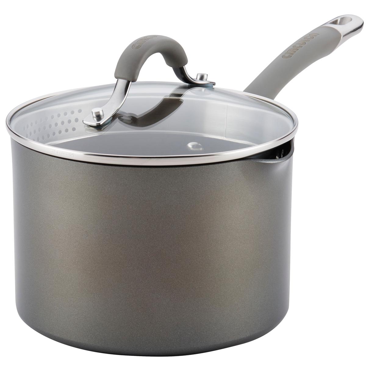 Circulon Cookware 3 Quart Covered Straining Saucepan with Pour Spouts