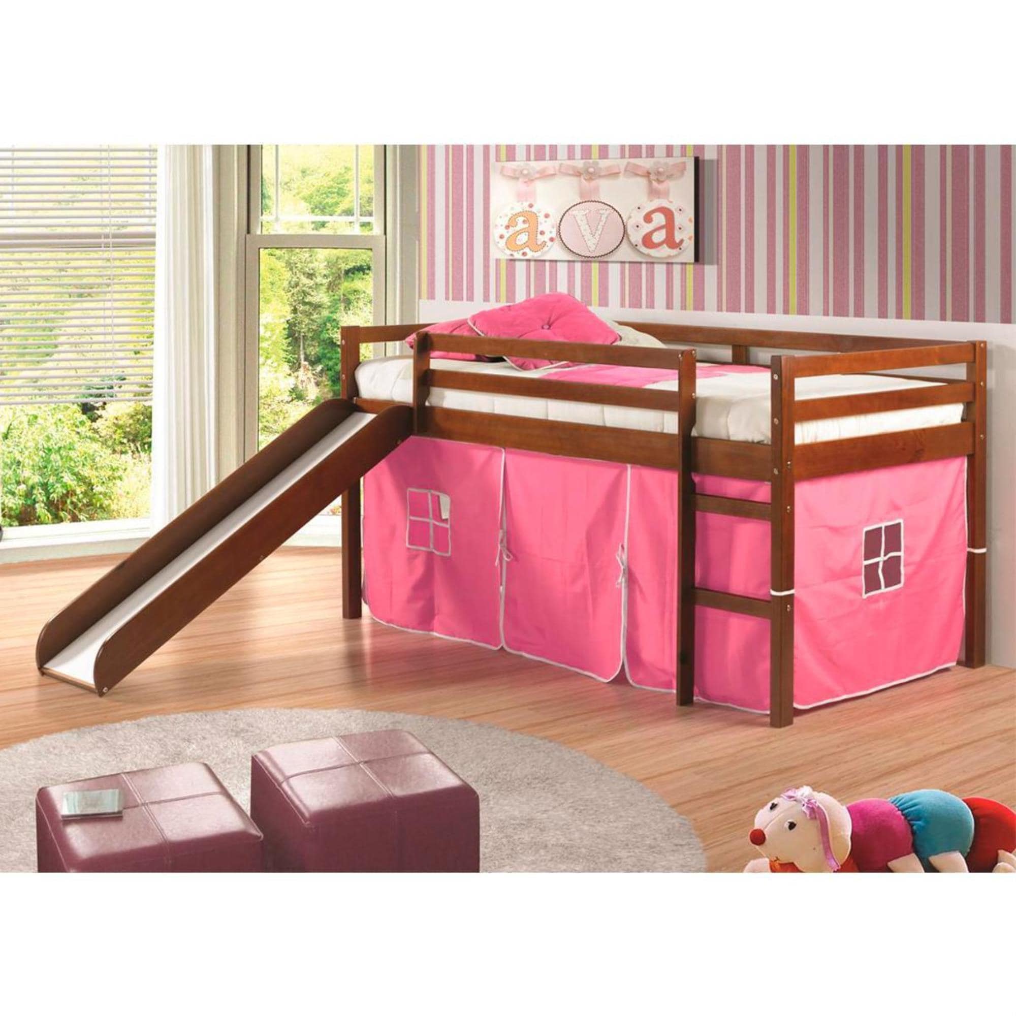 Forest Grove Twin Loft Bed with Slide and Pink Tent Shop NFM