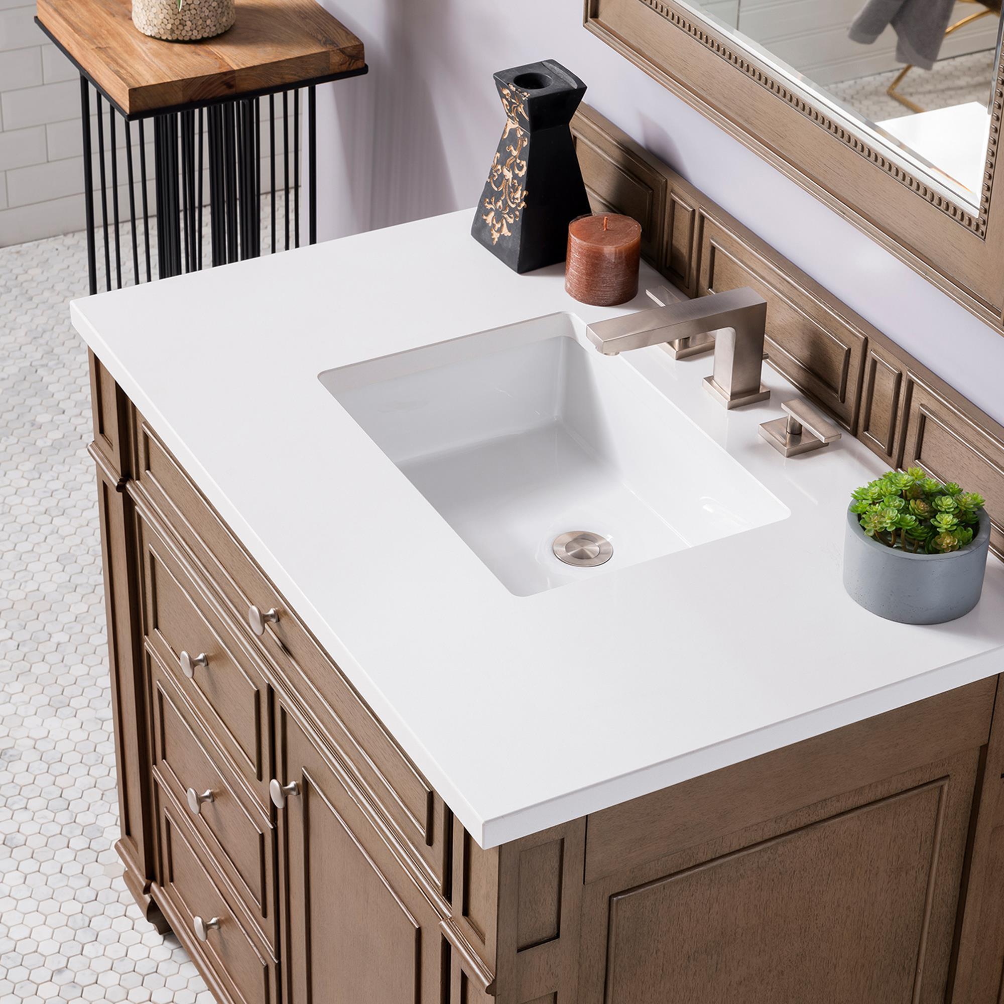 James Martin Bristol 36" Single Bathroom Vanity in Whitewashed Walnut with  3 cm Classic White Quartz Top and Rectangle Sink | NFM