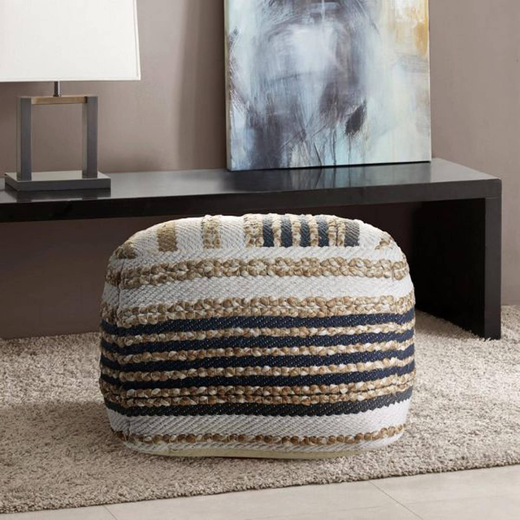 LR Home Decorative Pouf in Natural, Black and White
