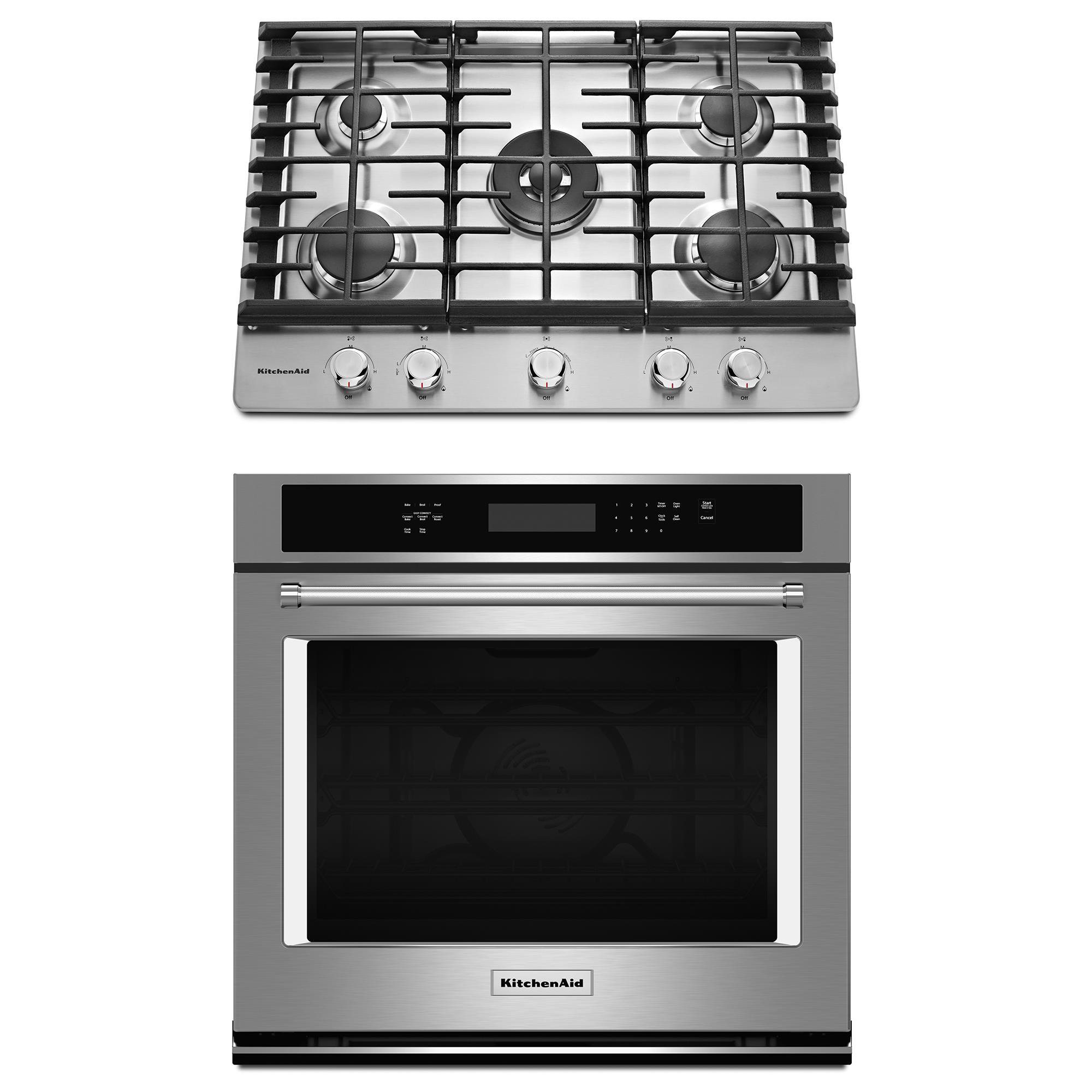 KitchenAid 30'' Gas Cooktop & 30" Single Wall Oven in Stainless Steel