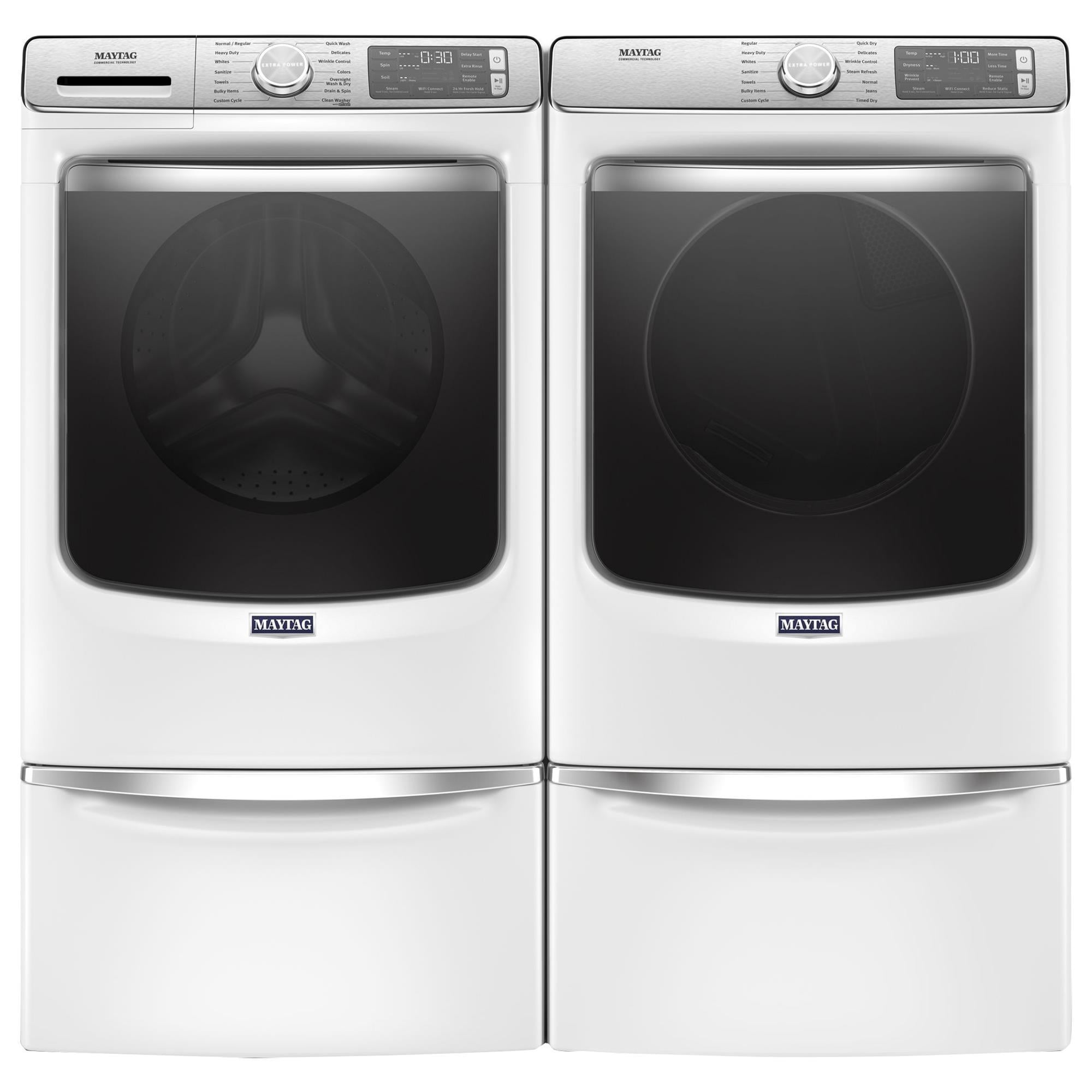 Maytag 5 Cu. Ft. Front Load Washer and 7.3 Cu. Ft. Electric Dryer Laundry Pair with Pedestal in White NFM