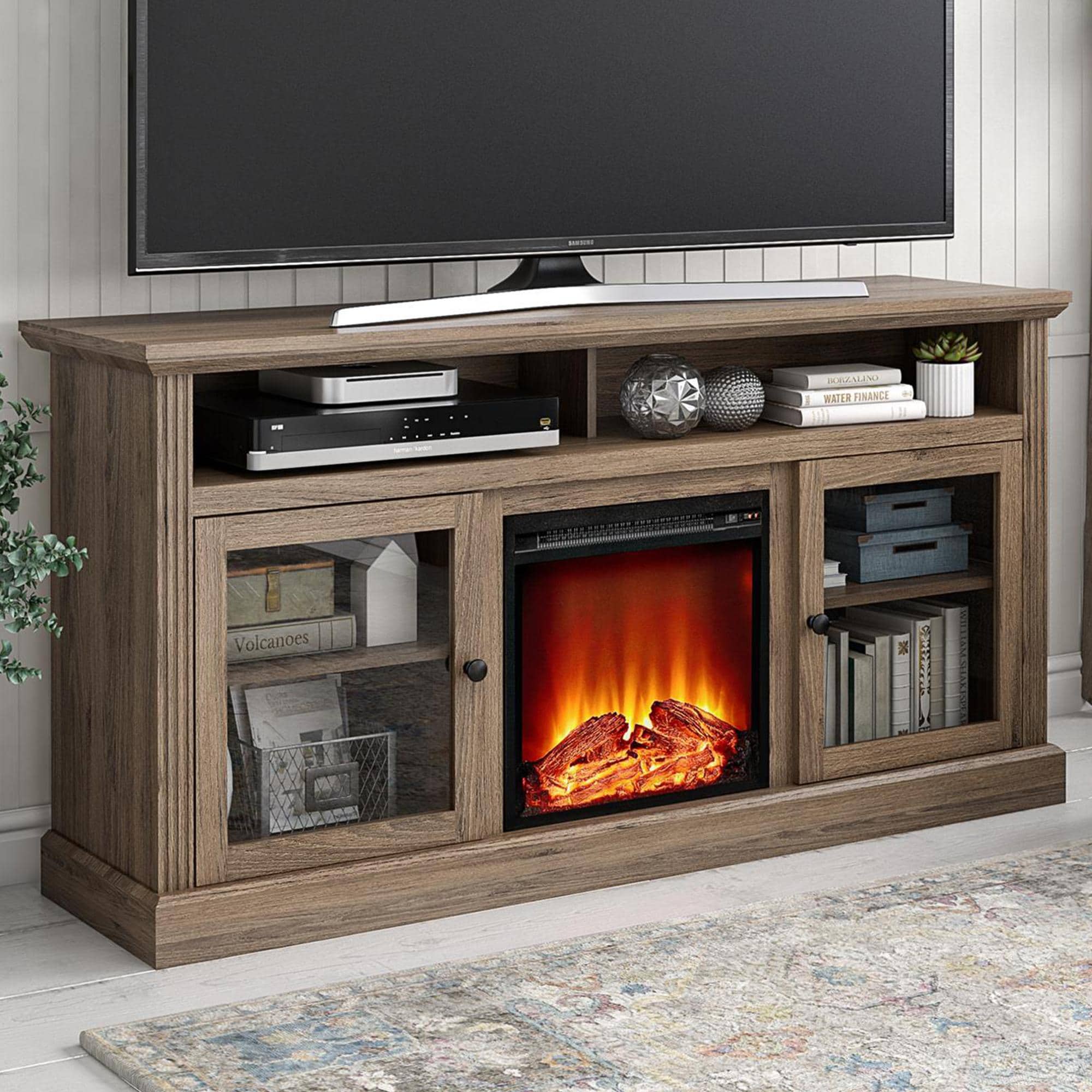 DHP Tacoma 65 TV Stand with Fireplace in Rustic Oak/Salinas Oak | NFM