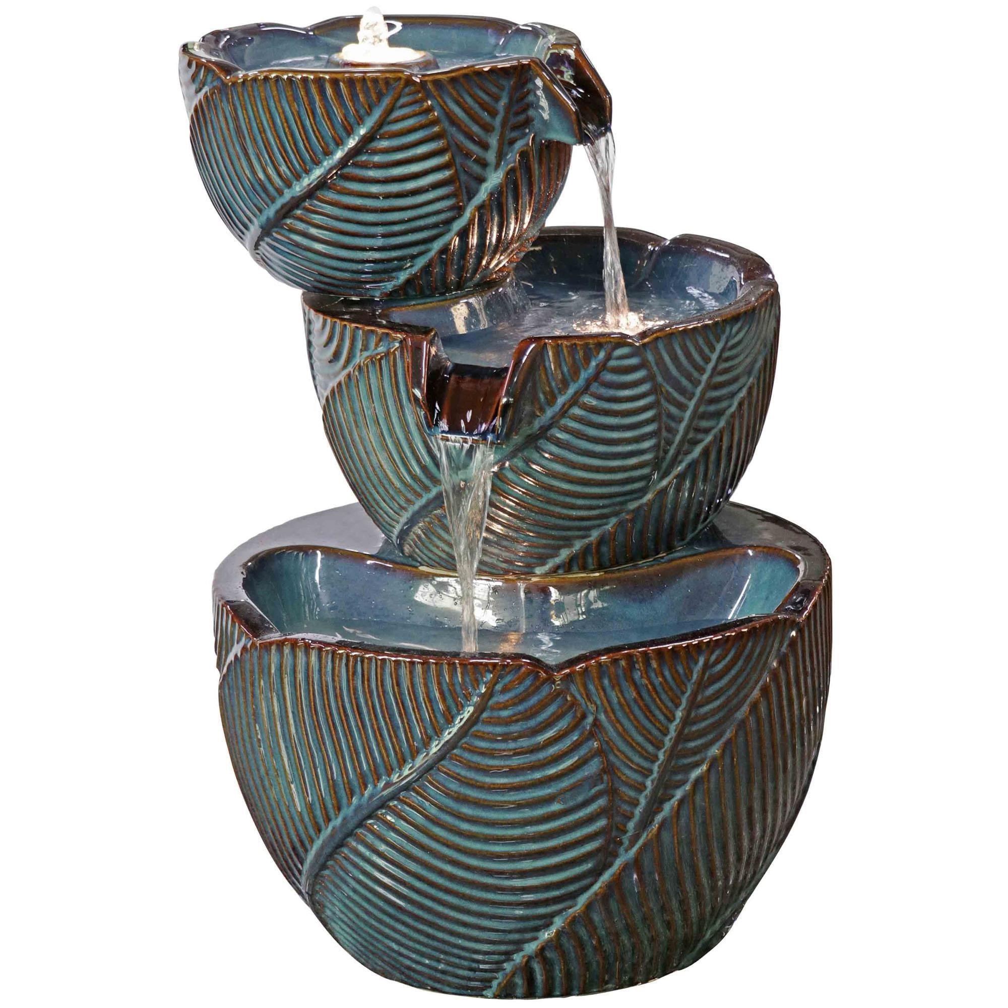 Alfresco Home Waterfall Ceramic Fountain with Lights in Blue