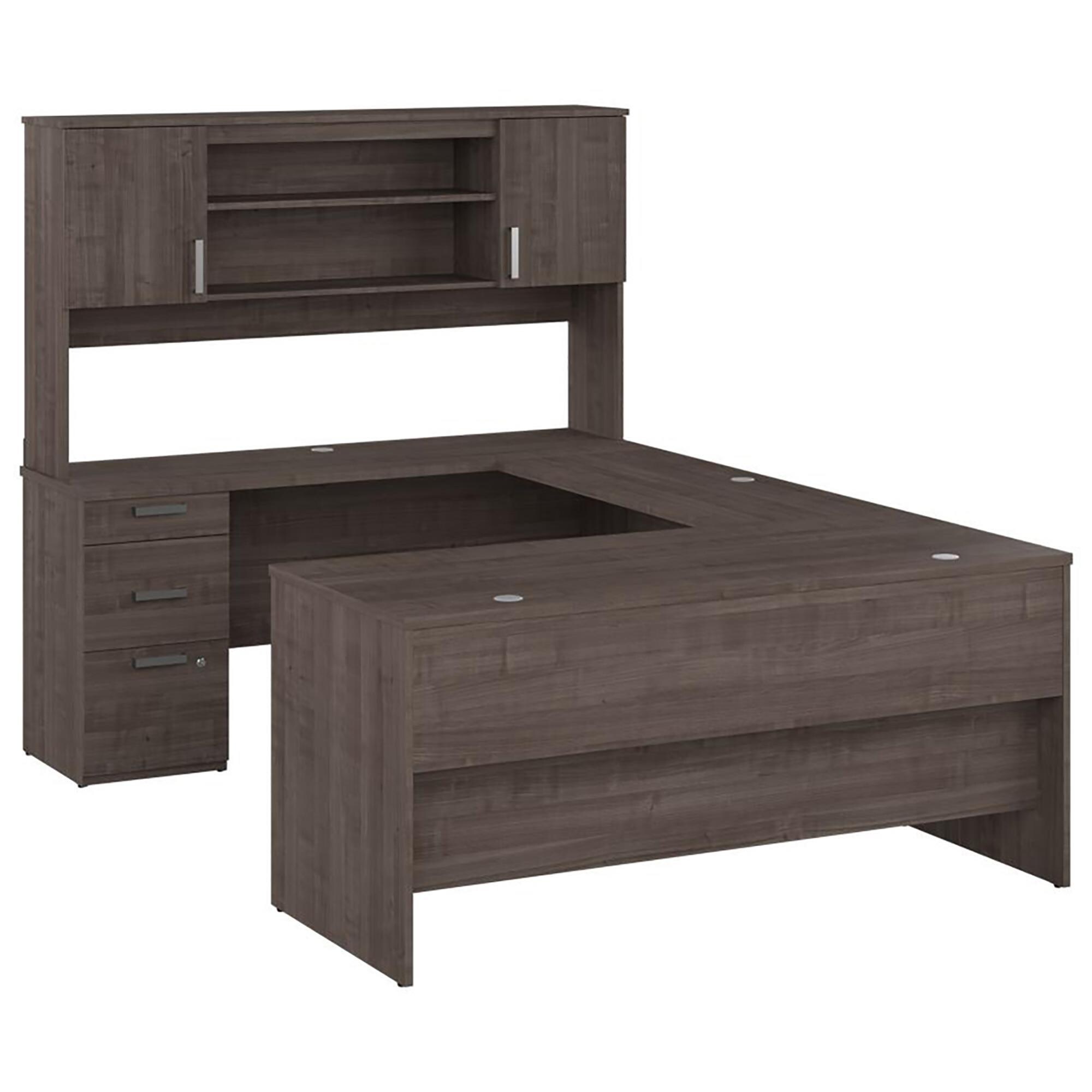Bestar Ridgeley 65" UShaped Desk with Hutch in Medium Gray Maple NFM