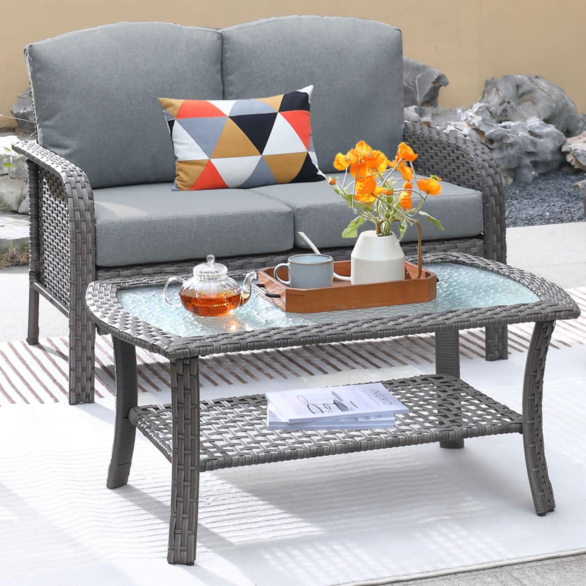 HOMLUX 2-Piece Patio Loveseat and Coffee Table Set in Beige
