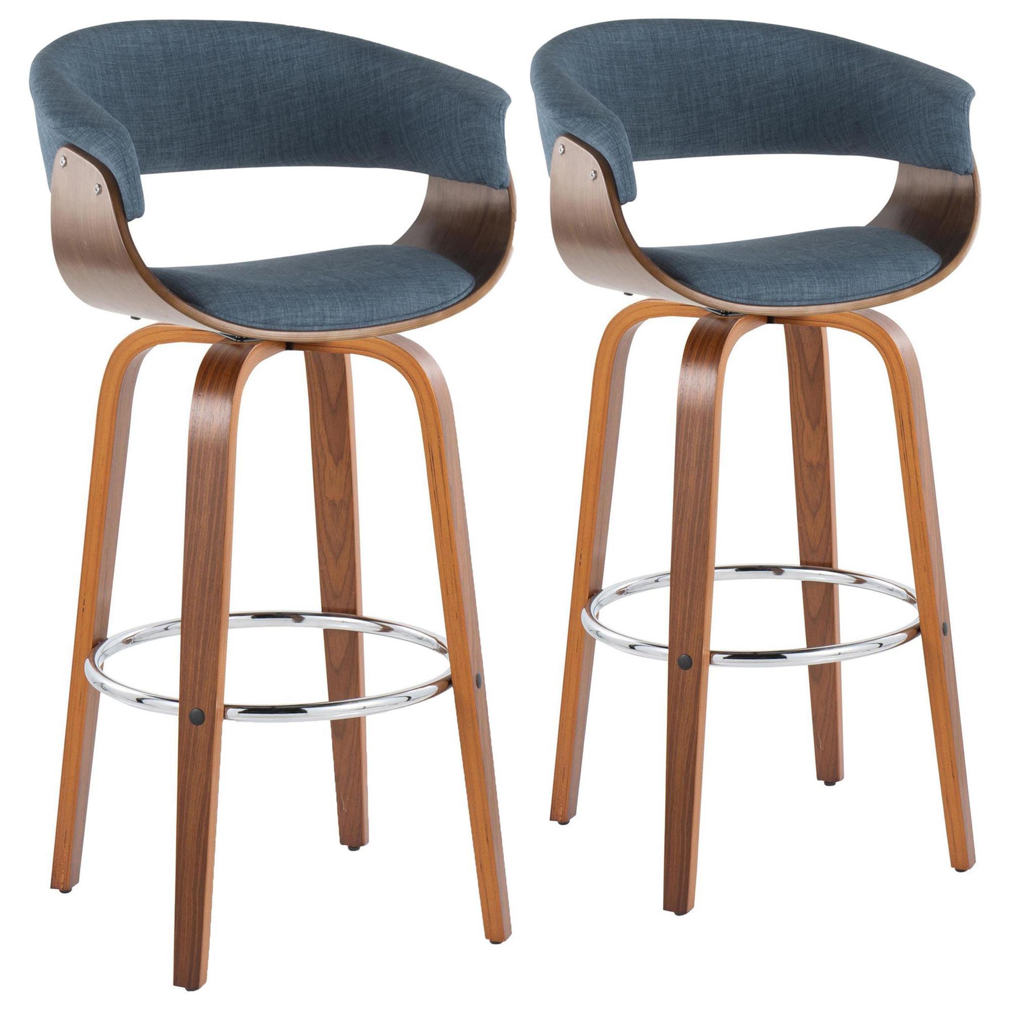 Lumisource Vintage Mod 30" Swivel Bar Stool with Blue Cushion in Walnut