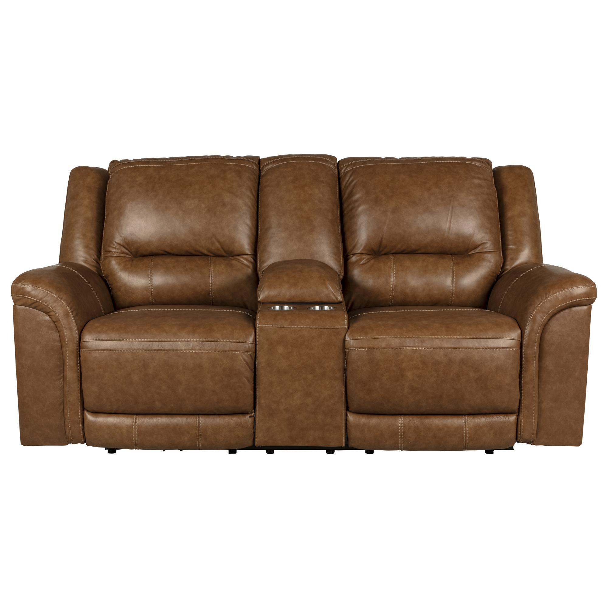 Ashley Trasimeno Power Reclining Loveseat with Console in Caramel