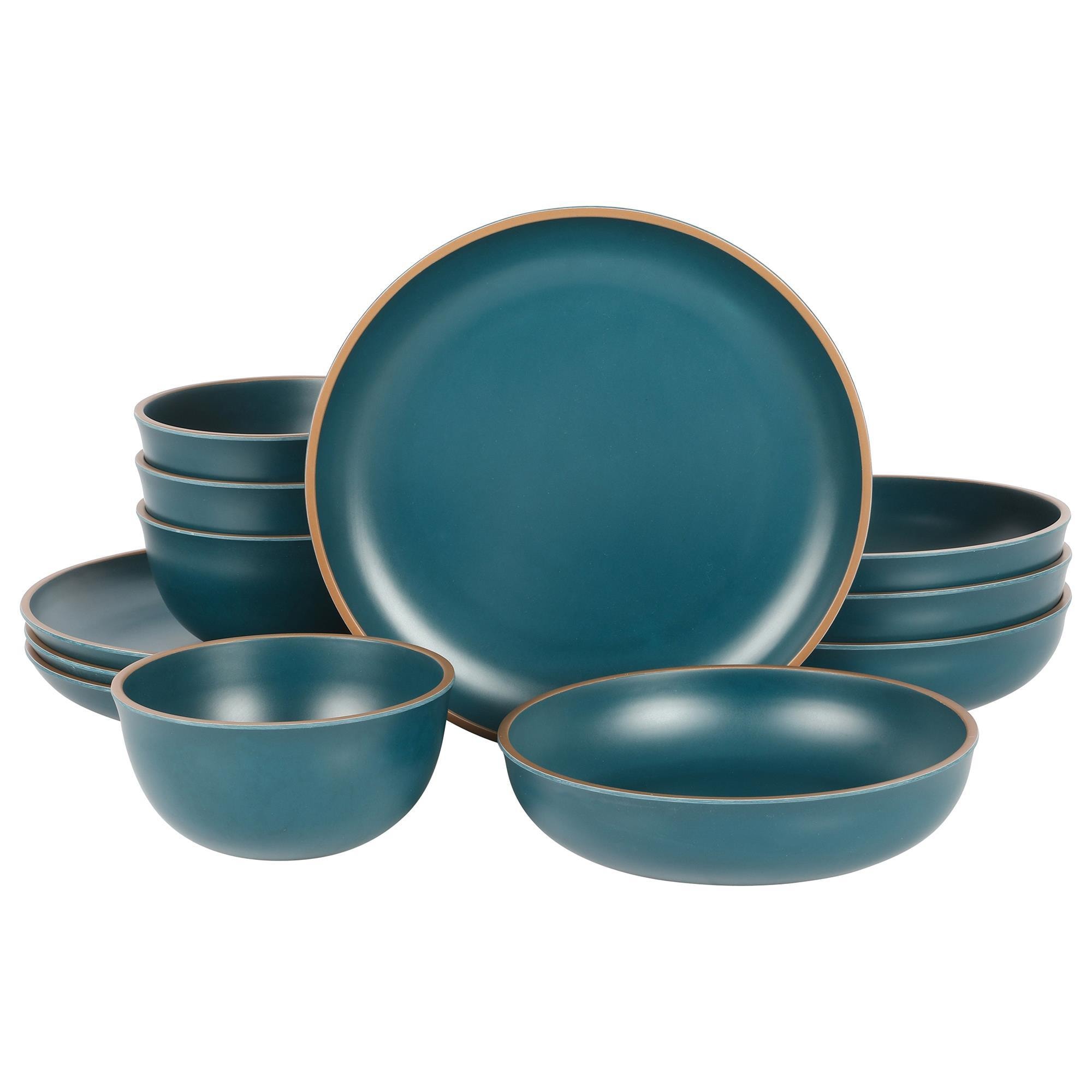 Gibson Home Rockabye 12-Piece Double Bowl Melamine Dinnerware Set in Matte Teal