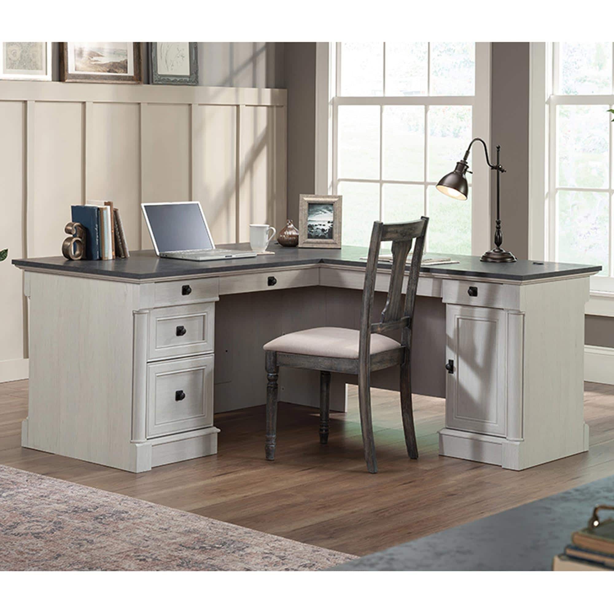 Sauder Palladia L-Shaped Desk in Glacier Oak and Rosso Slate